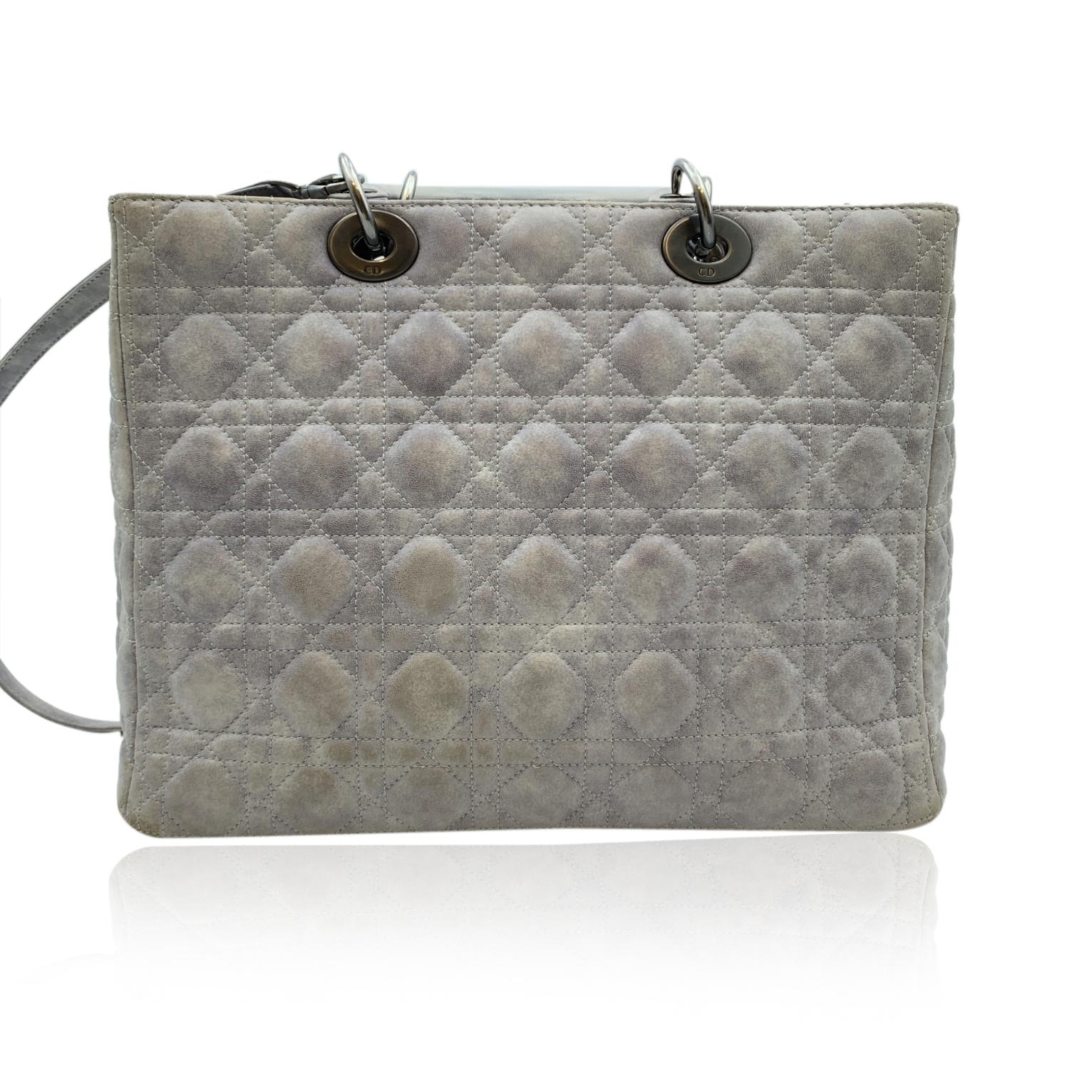 Gray Christian Dior Light Grey Cannage Quilted Leather Large Lady Dior Bag
