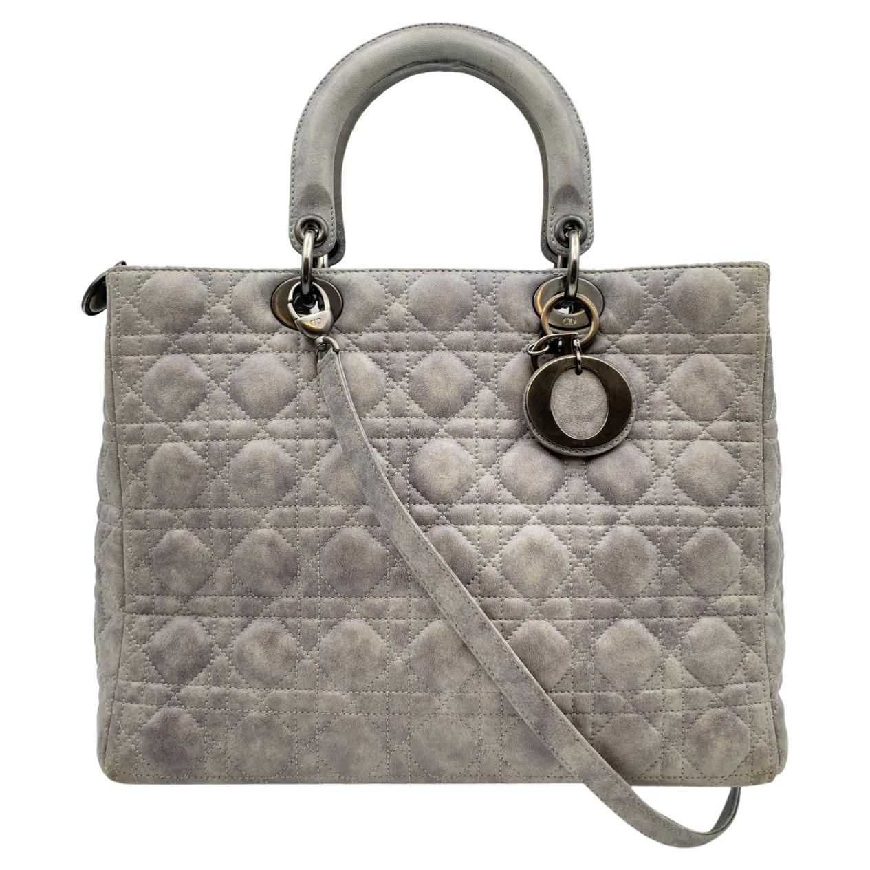Christian Dior Light Grey Cannage Quilted Leather Large Lady Dior Bag