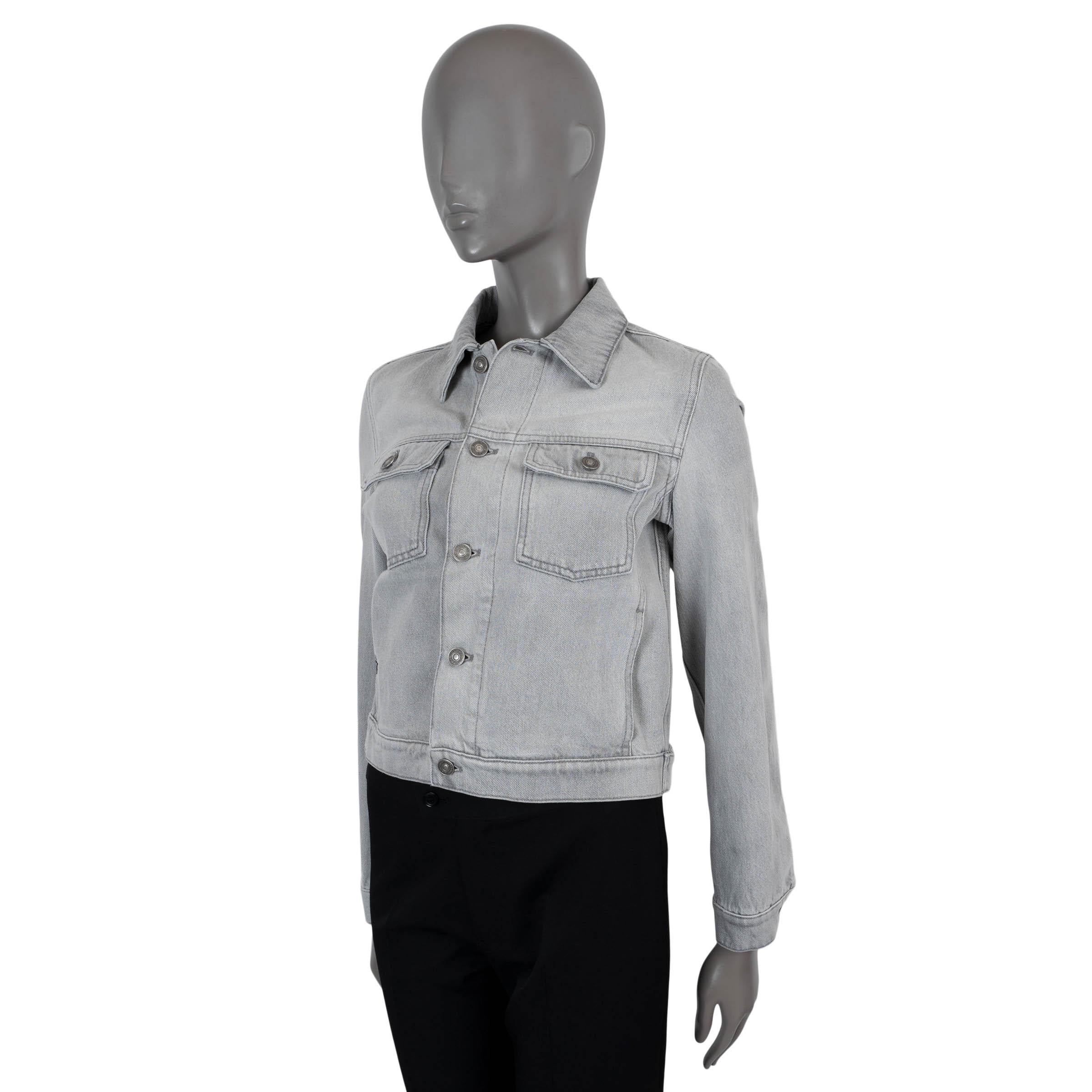This 100% authentic Christian Dior denim jacket in washed light grey cotton (100%) combines timeless style with unique detailing. Featuring point collars, two flap chest pockets, and two slit pockets at the waist with signature bee embroidery, it