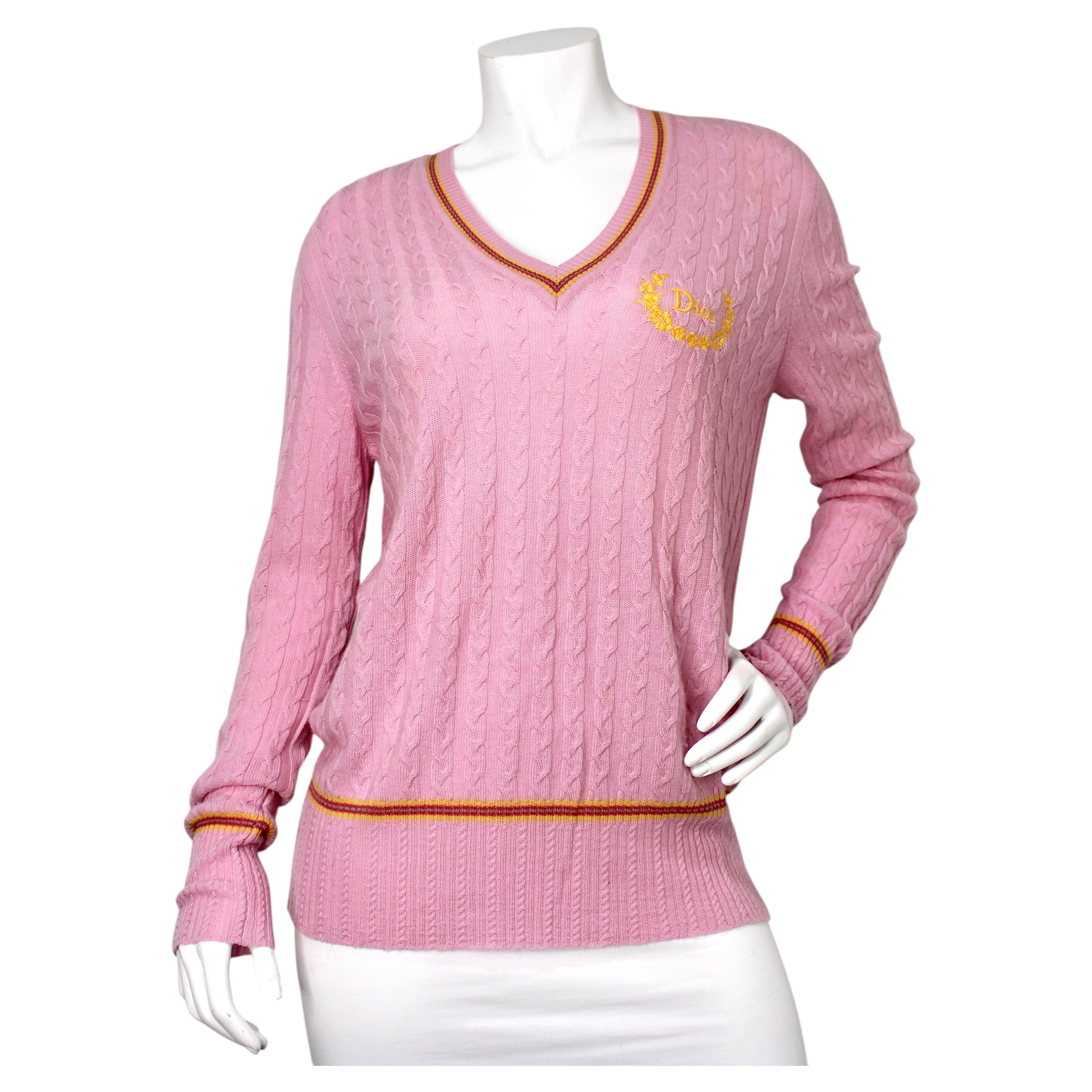 Christian Dior Hellrosa Pullover mit V-Ausschnitt aus Kaschmir und Zopfmuster