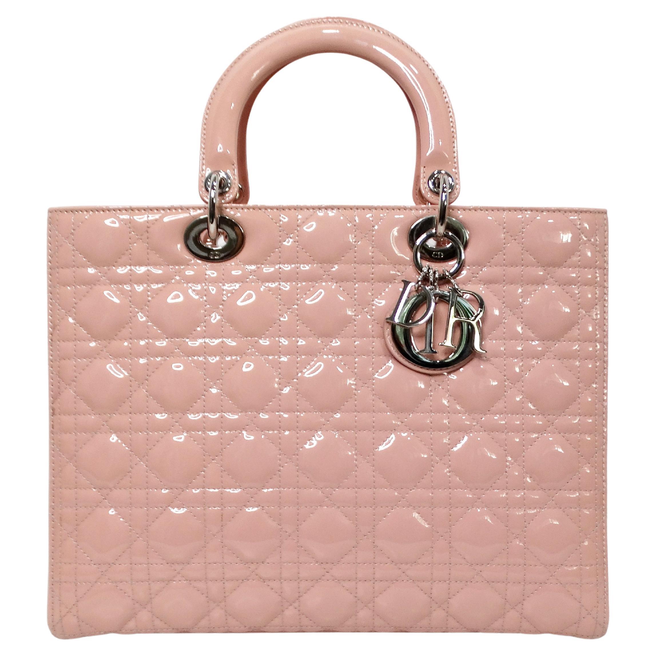 Christian Dior Light Pink Patent Cannage Large Lady Dior Handbag in vendita