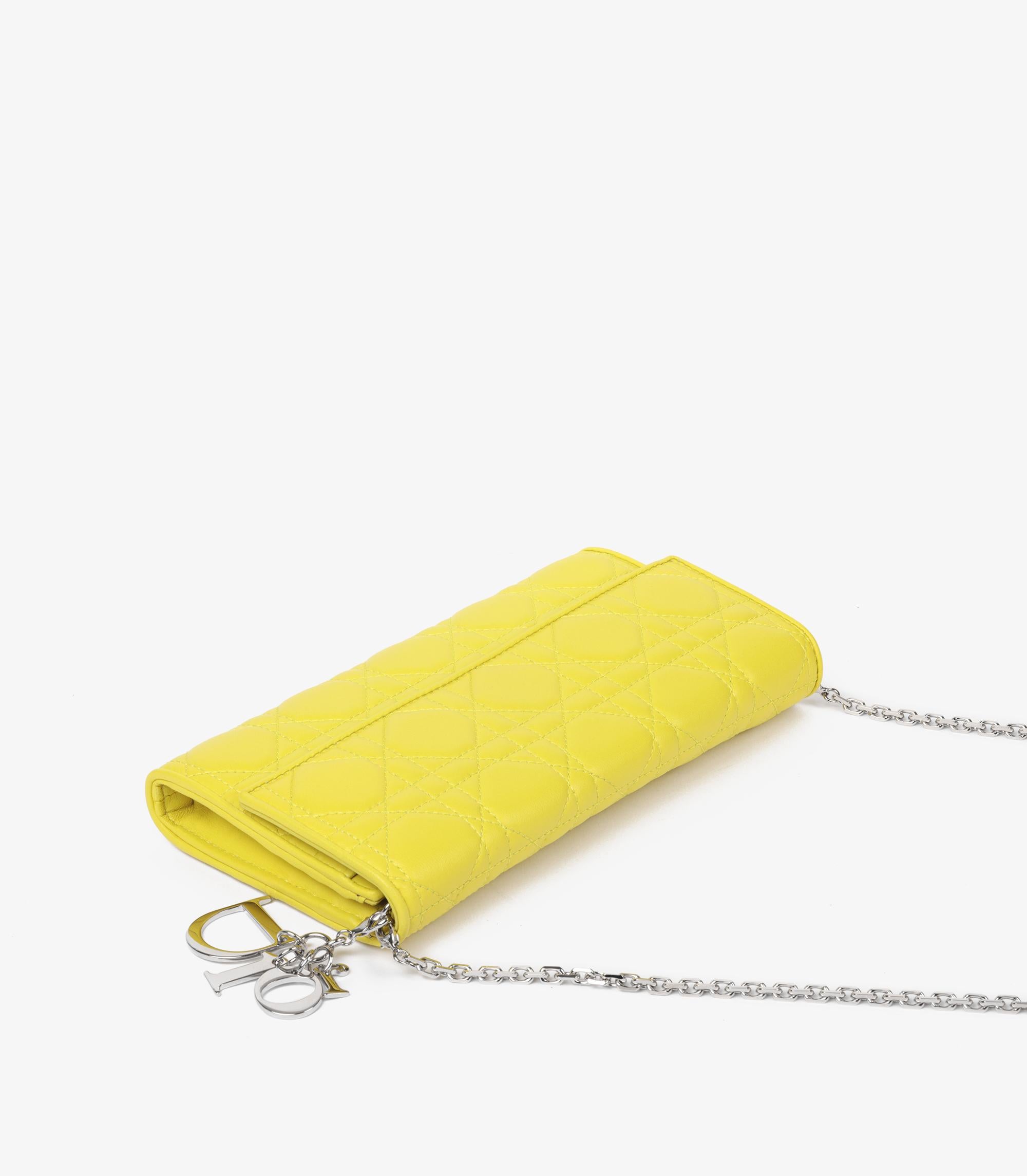 Yellow Christian Dior Lime Cannage Quilted Lambskin Lady Dior Wallet-on-Chain