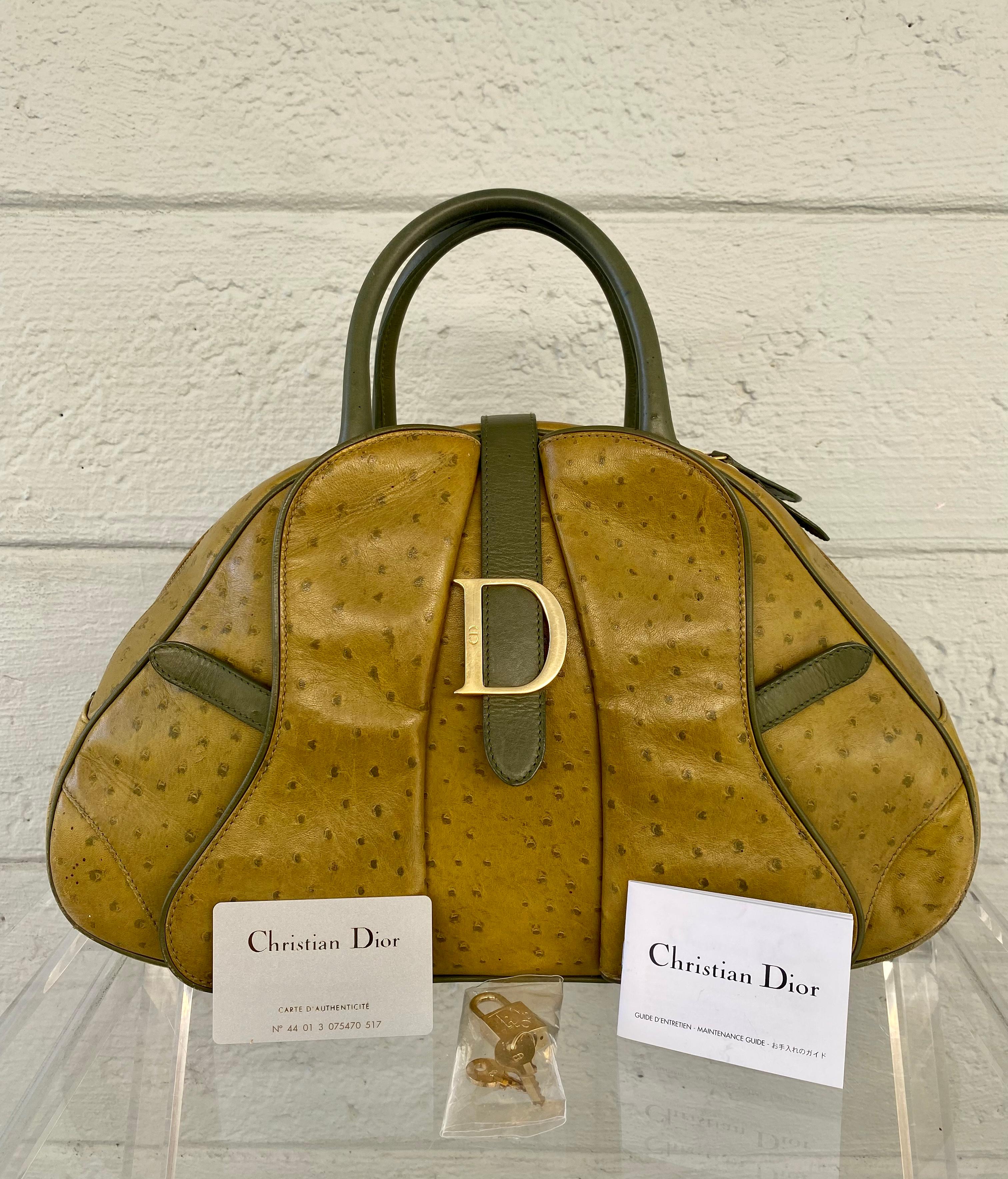 Christian Dior Limited Edition Ostrich Olive Green Bowler Bag 8