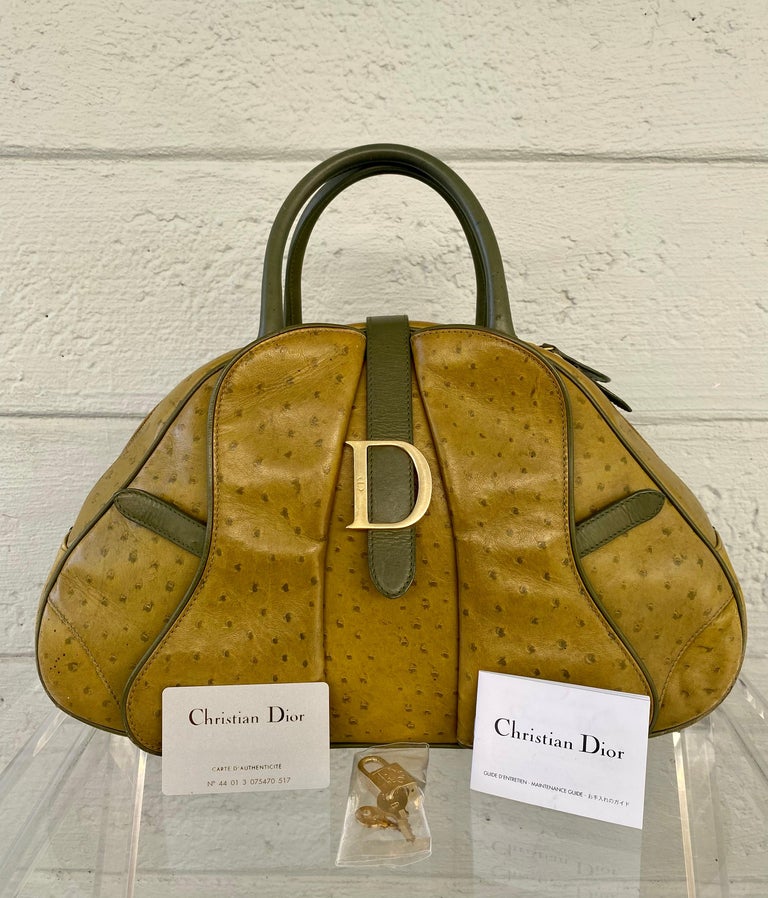 Christian Dior Limited Edition Ostrich Olive Green Bowler Bag For Sale 11