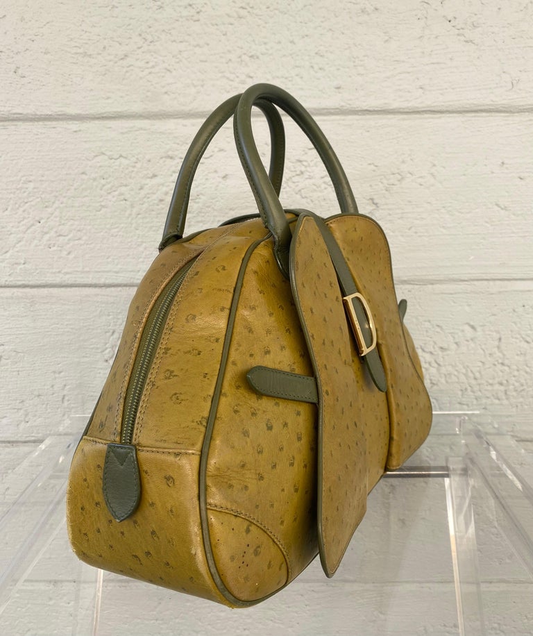 Brown Christian Dior Limited Edition Ostrich Olive Green Bowler Bag For Sale