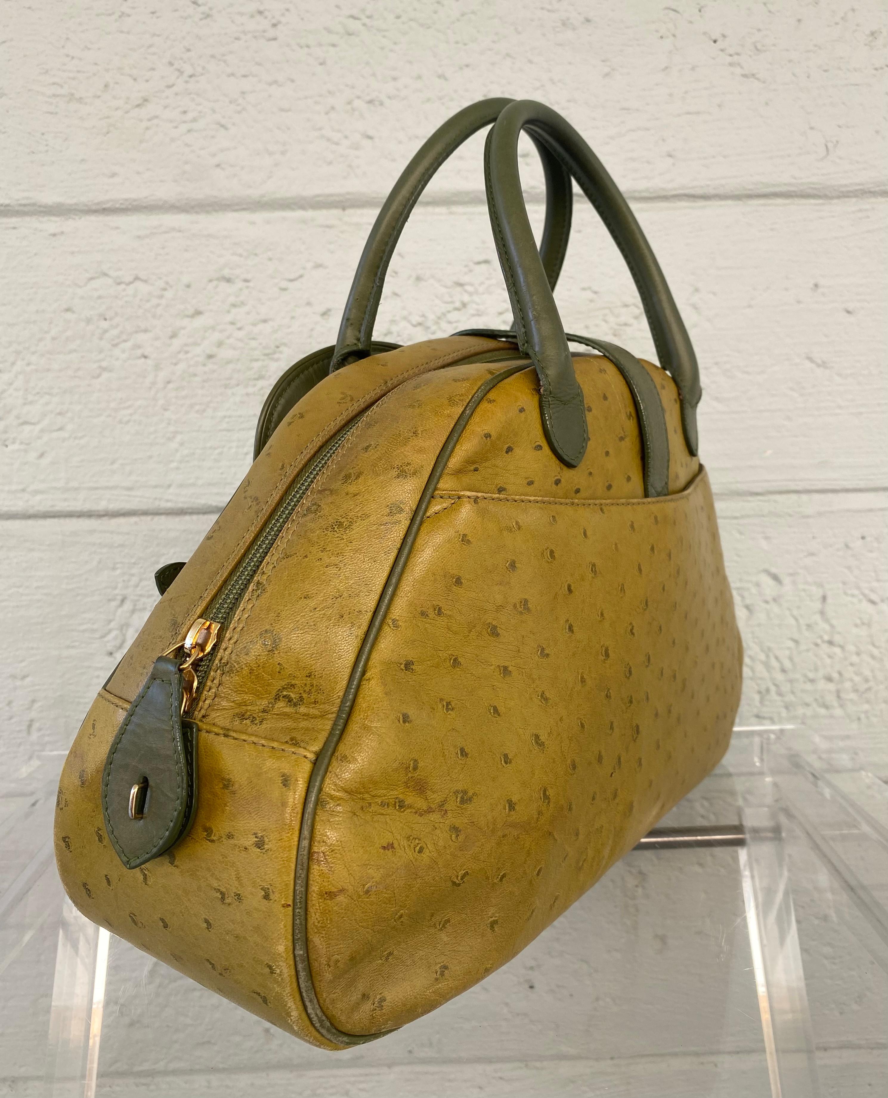 Brown Christian Dior Limited Edition Ostrich Olive Green Bowler Bag