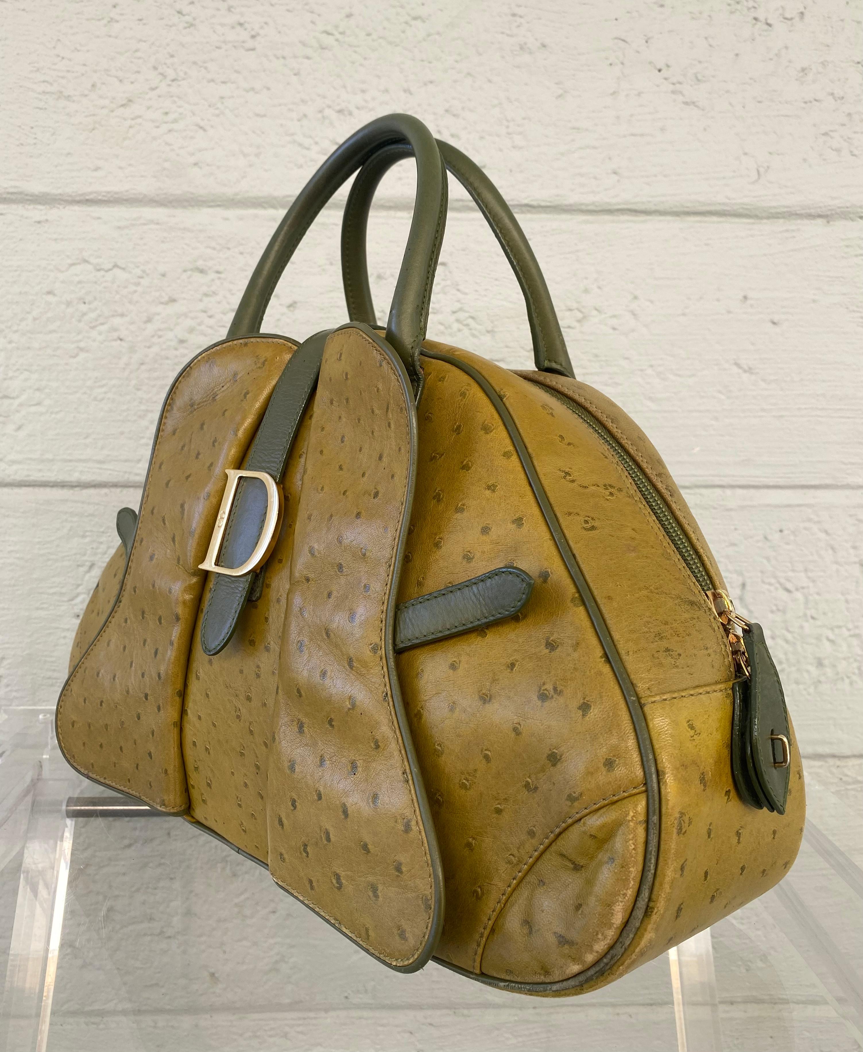 Christian Dior Limited Edition Ostrich Olive Green Bowler Bag In Good Condition In Fort Lauderdale, FL