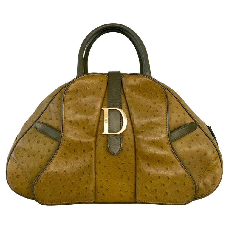 Christian Dior Limited Edition Ostrich Olive Green Bowler Bag For Sale