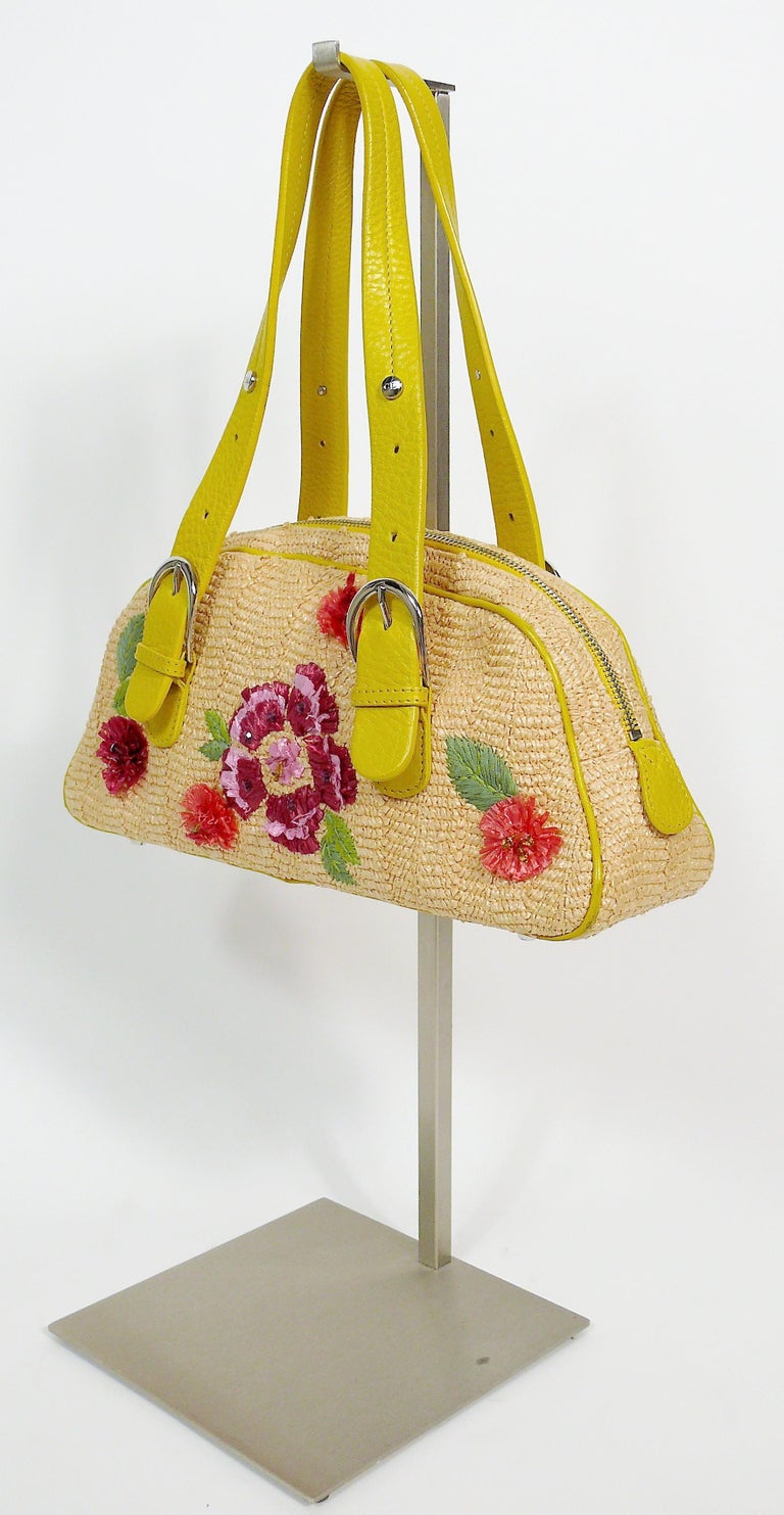 Christian Dior Limited Edition Raffia Flower Bowler Handbag For Sale at