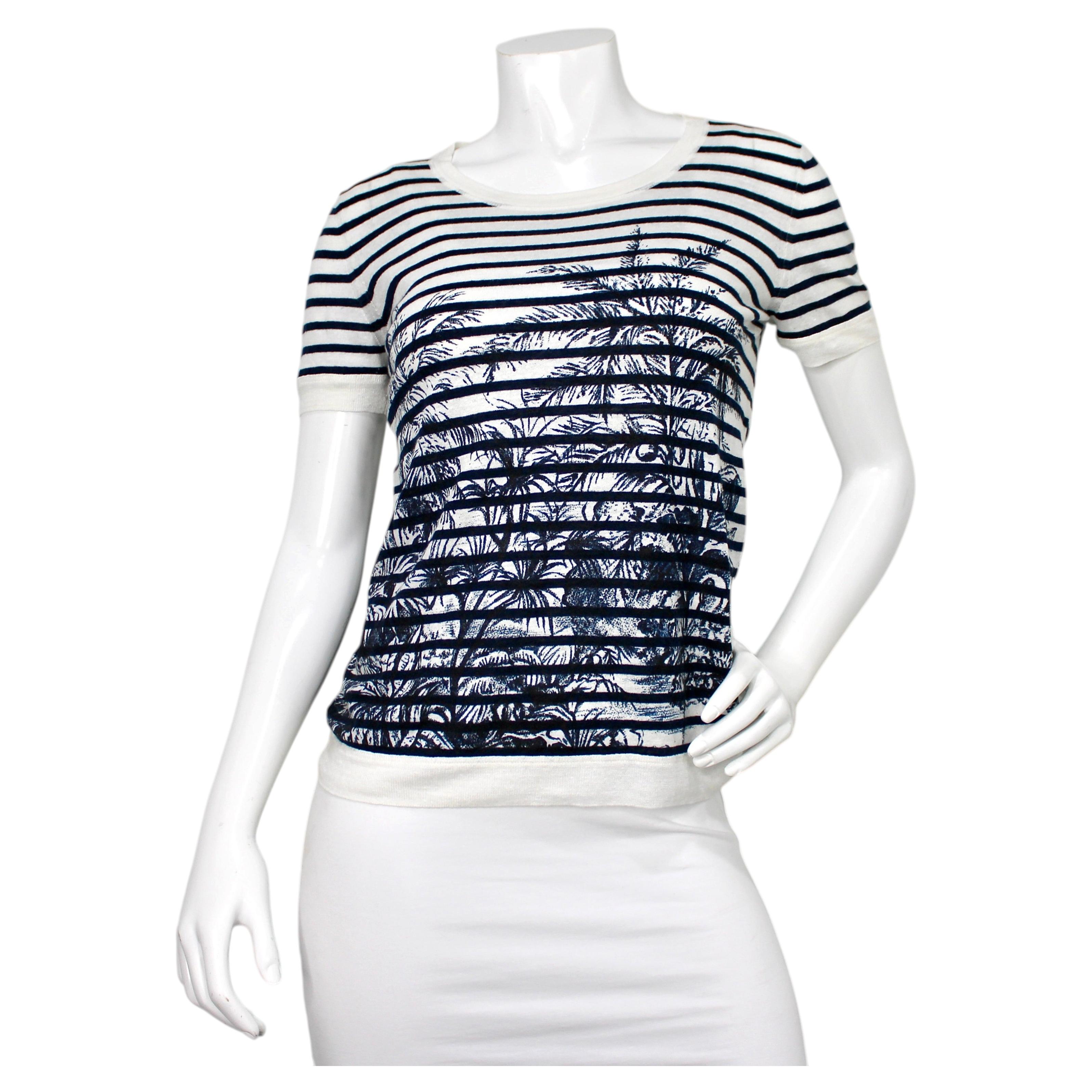 Christian Dior Leinen Marineblaues gestreiftes T-Shirt mit Palmenmotiv