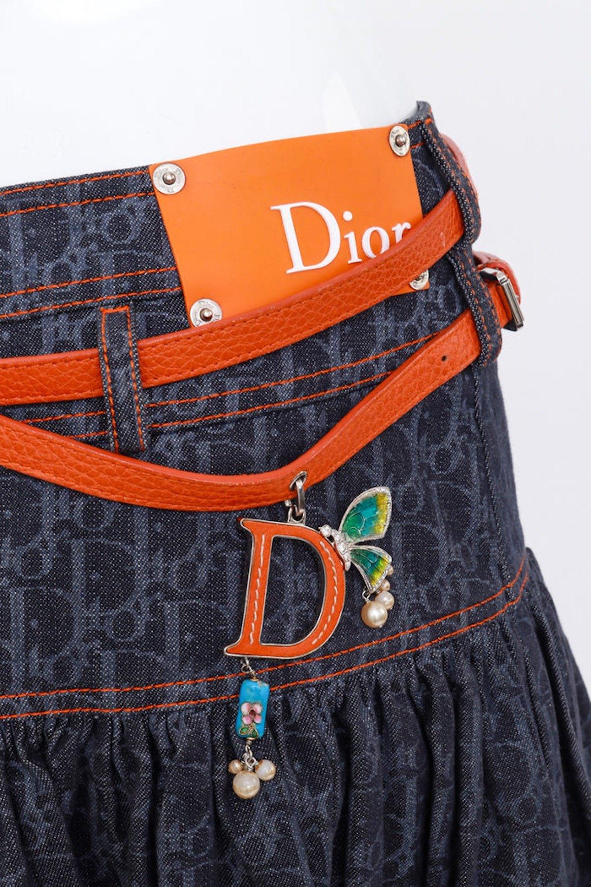 Women's Christian Dior Logo Denim Flight Trotter Tiered Skater Skirt (S/M) For Sale