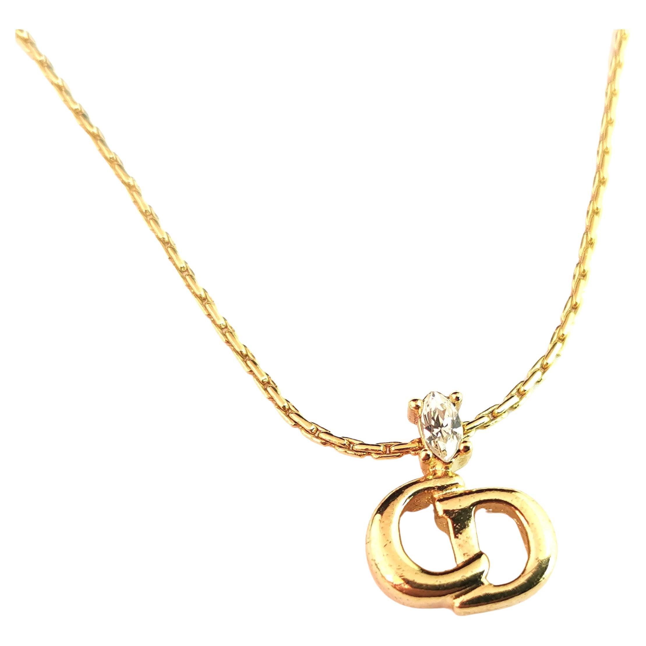 Christian Dior logo pendant necklace, gold tone, paste