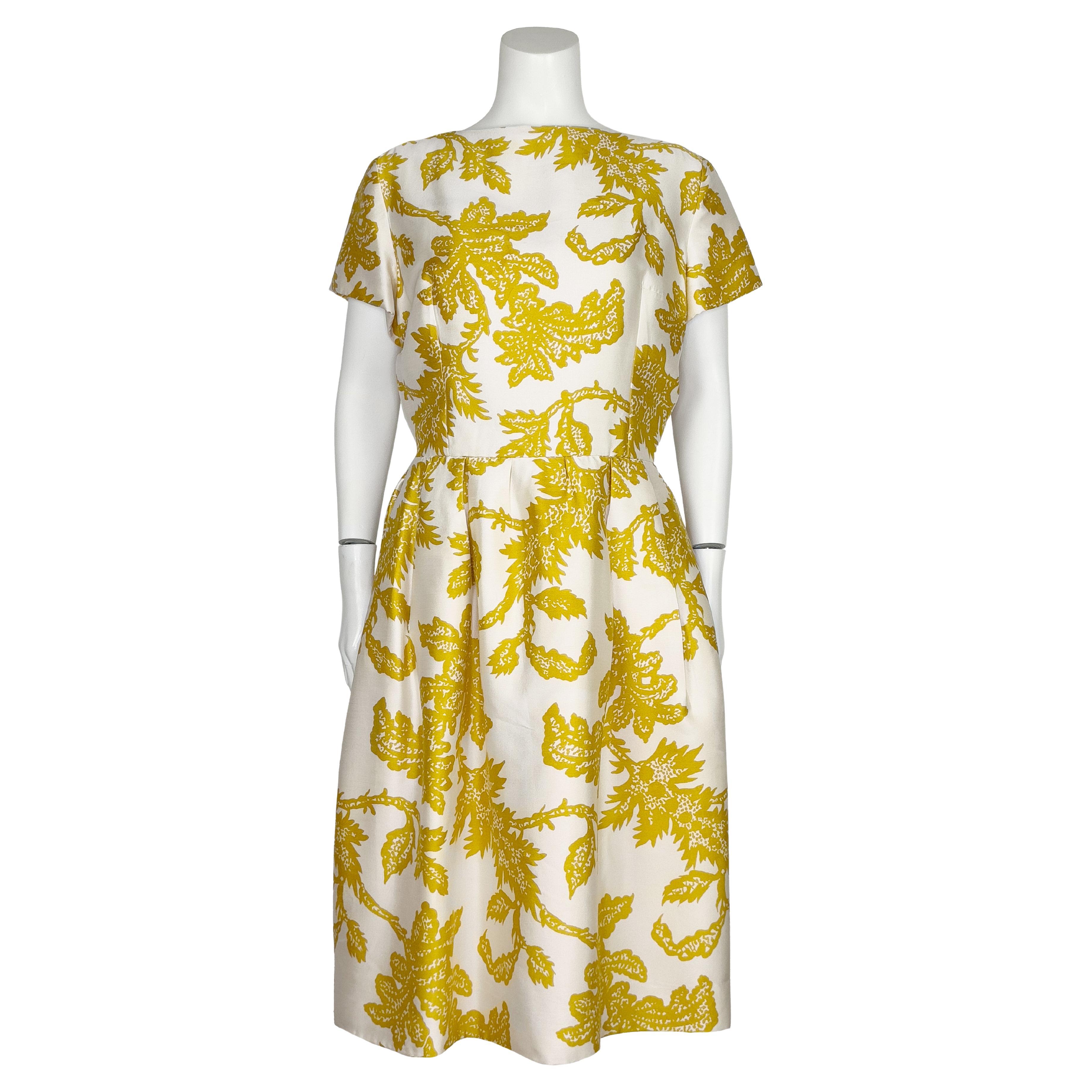 Christian Dior London 1950's Demi Couture Robe en soie jaune et crème