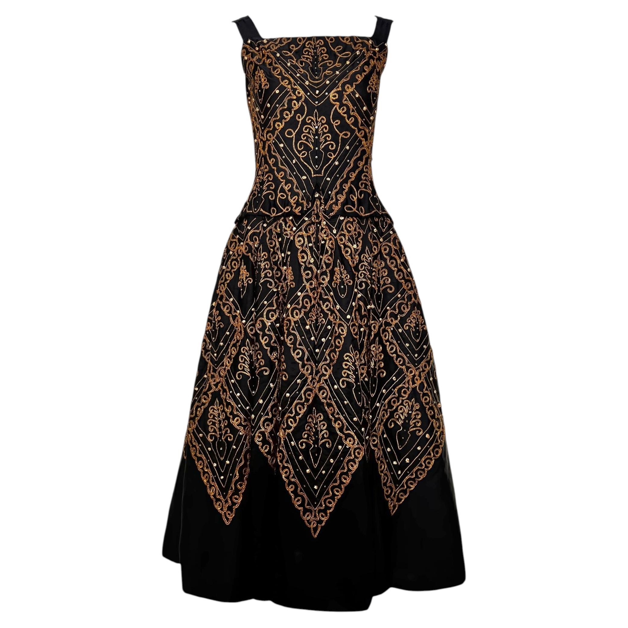 Christian Dior London 1954 'Mexico' Gold Embellished Black Faille H-Line Dress For Sale