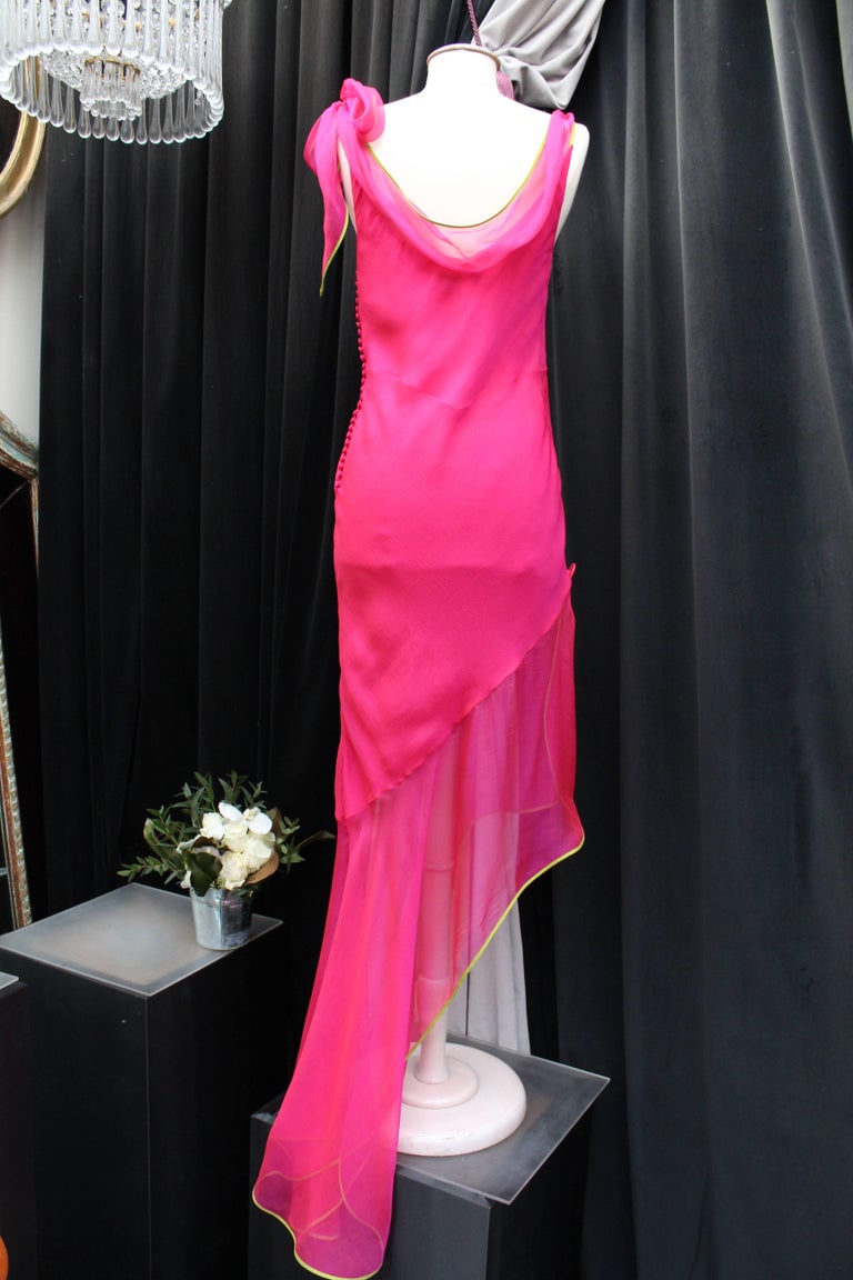Christian Dior long cocktail dress in fuchsia silk muslin at 1stdibs