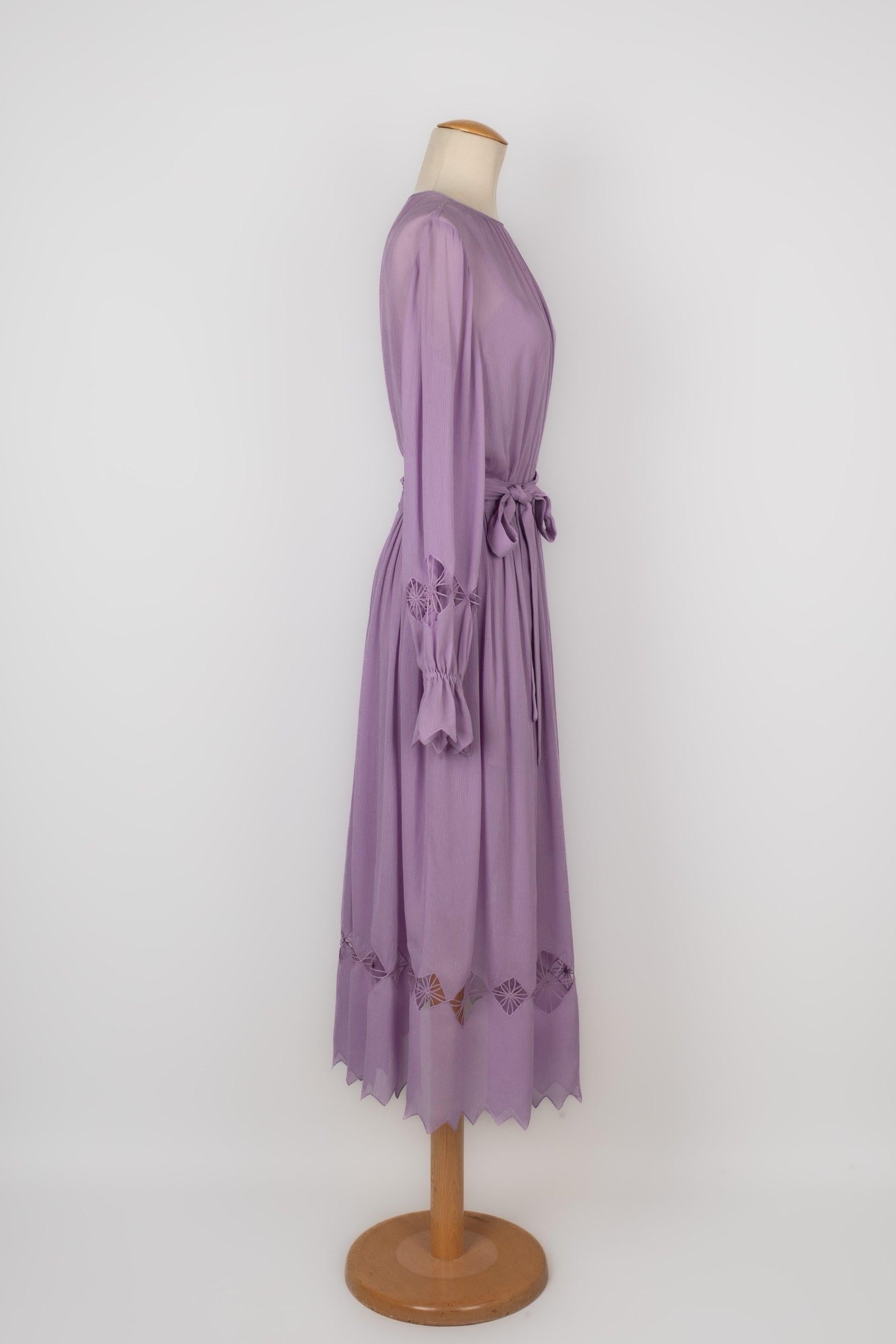 Christian Dior Long-sleeve Dress Made of Mauve Silk Muslin In Excellent Condition In SAINT-OUEN-SUR-SEINE, FR