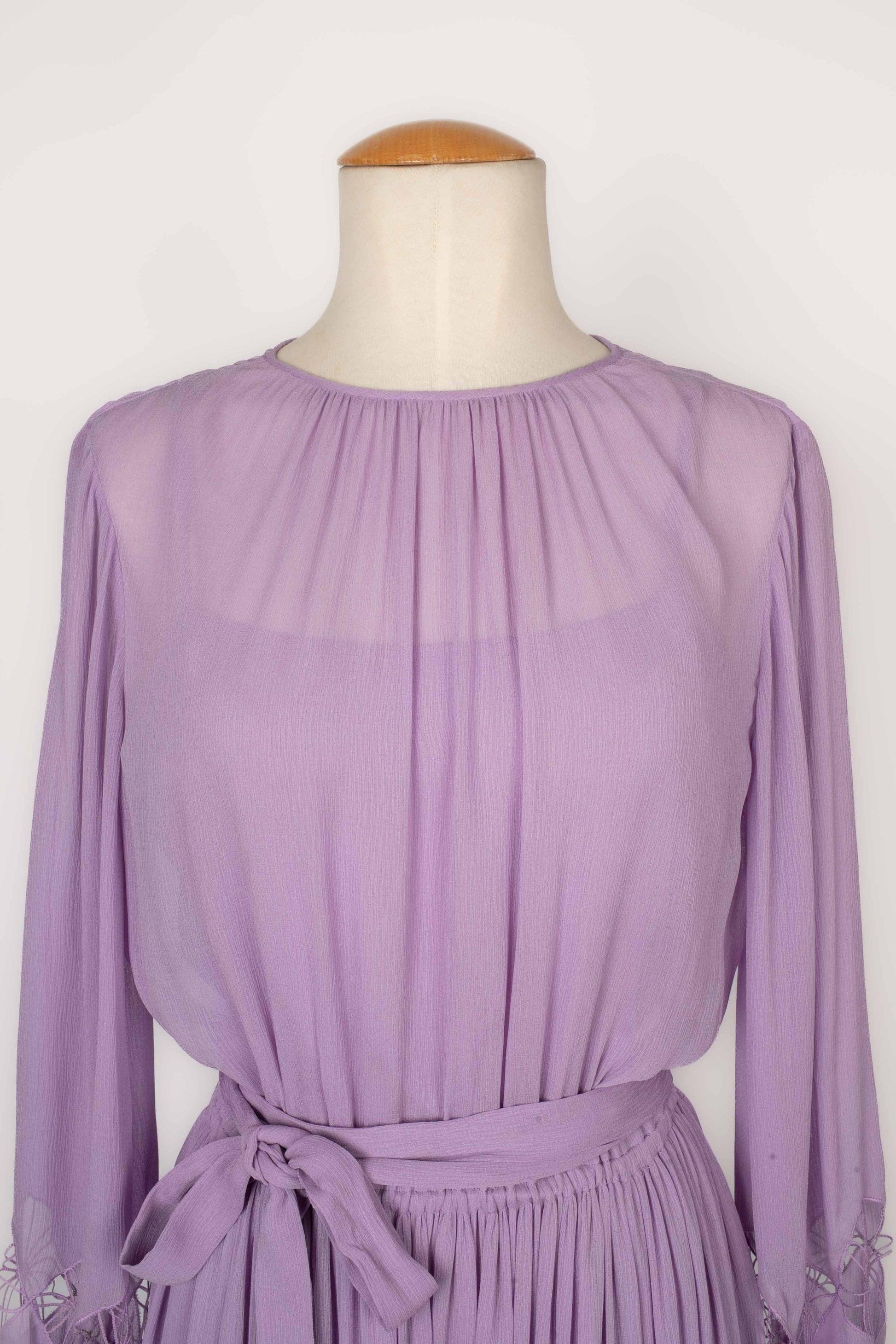 Women's Christian Dior Long-sleeve Dress Made of Mauve Silk Muslin