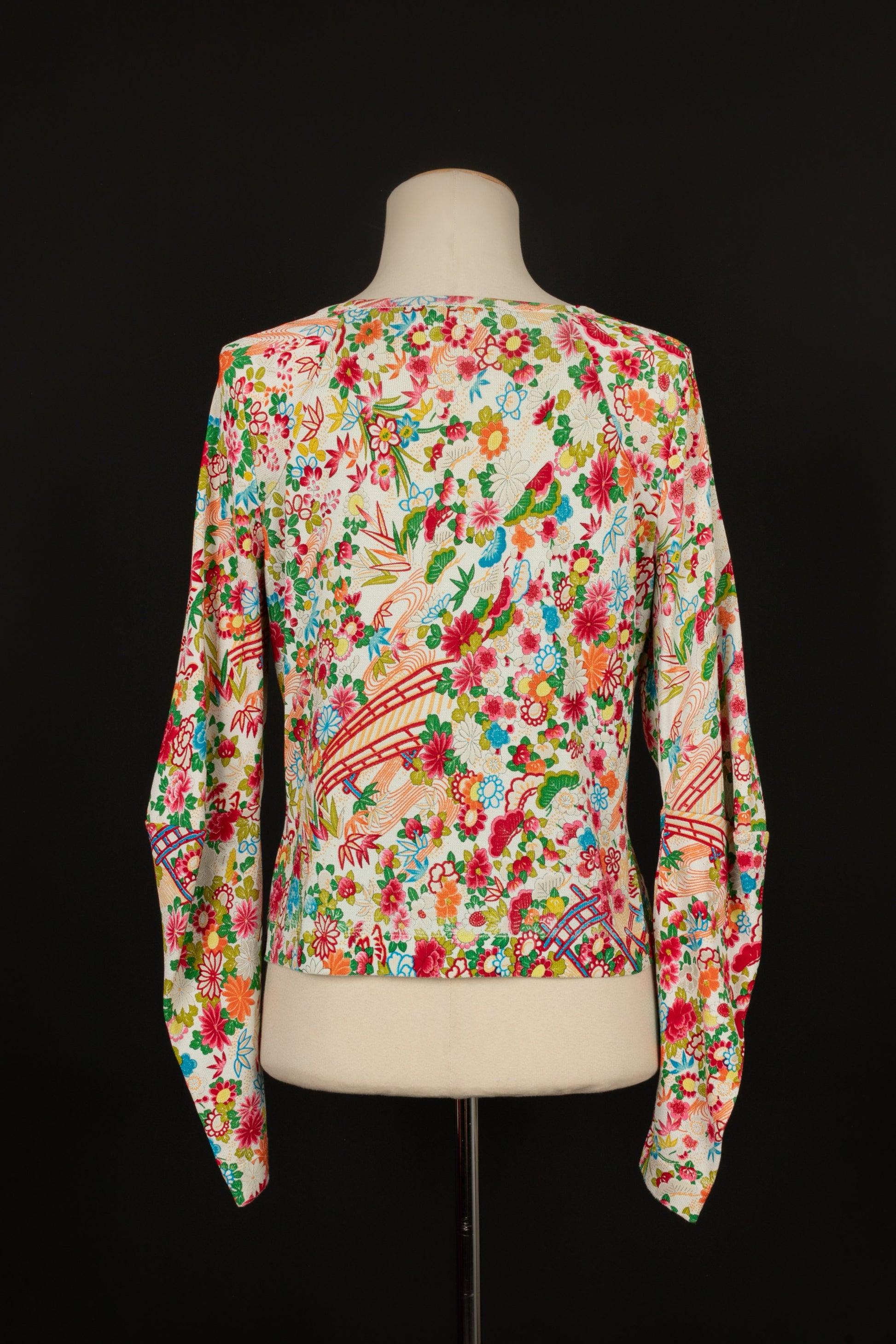Christian Dior Long-sleeved Top with Multicolored Flower Patterns In Excellent Condition For Sale In SAINT-OUEN-SUR-SEINE, FR