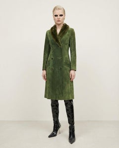 CHRISTIAN DIOR long suede olive double breasted coat with fur collar 1970