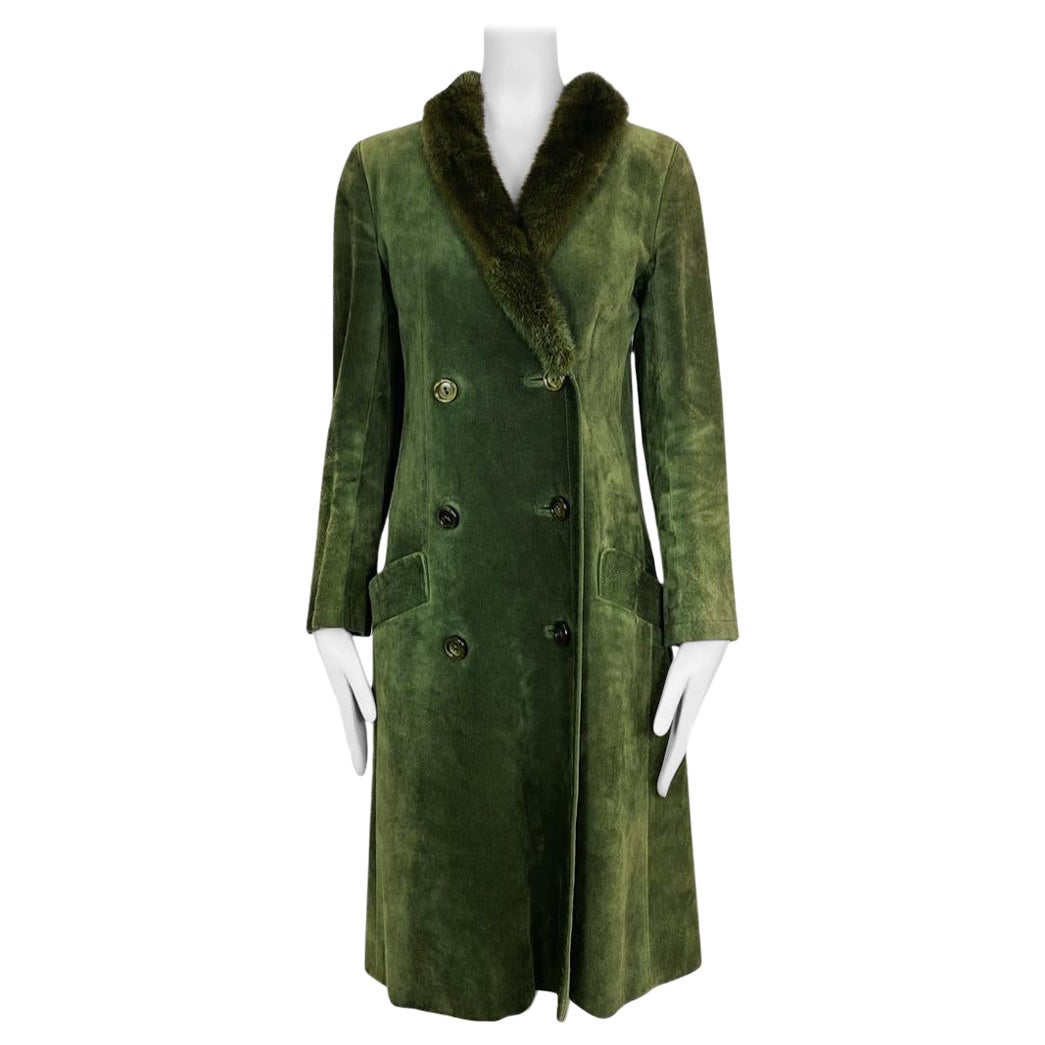 CHRISTIAN DIOR long suede olive double breasted coat with fur collar 1970 en vente