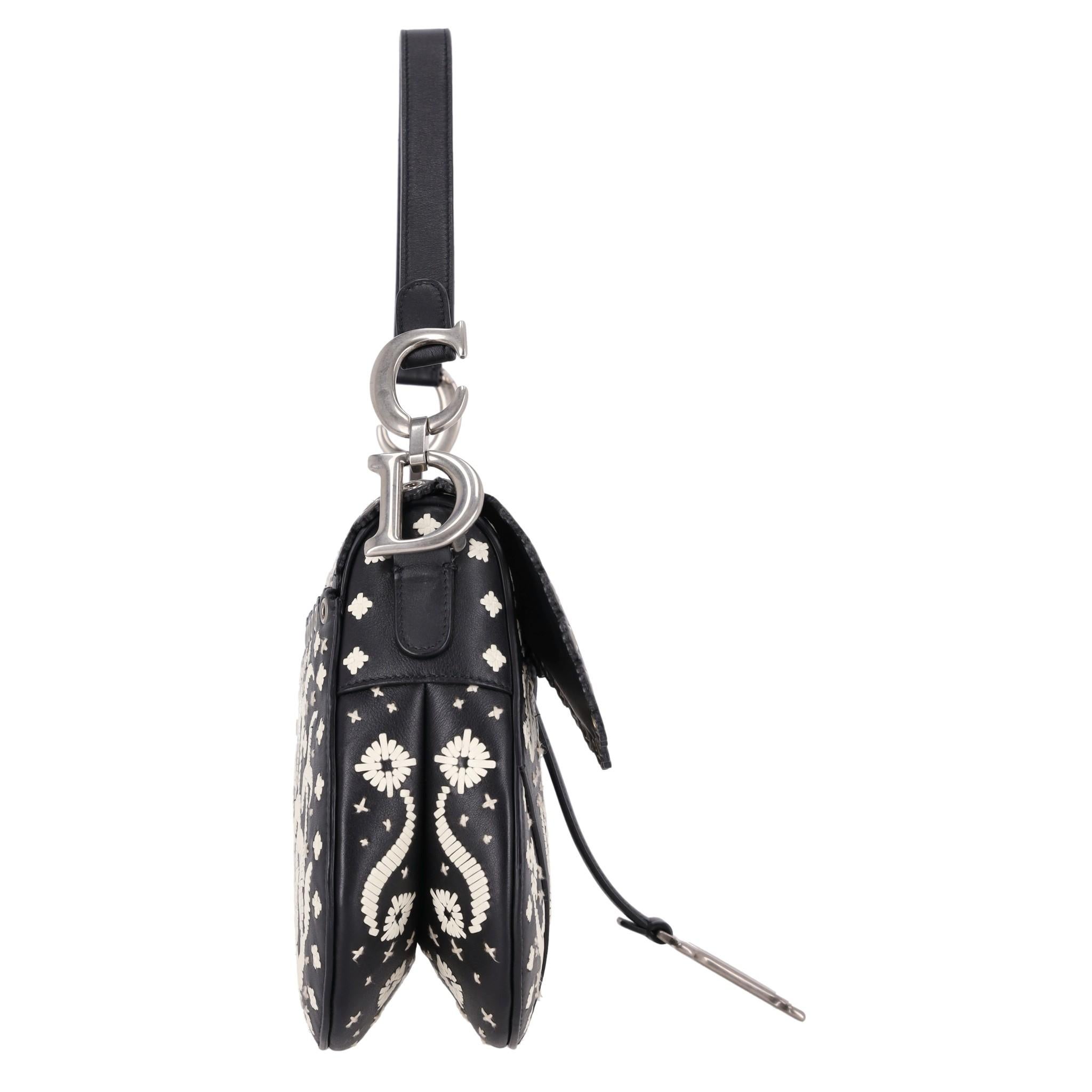 Black Christian Dior Ltd Edition Leather Embroidered Saddle Bag