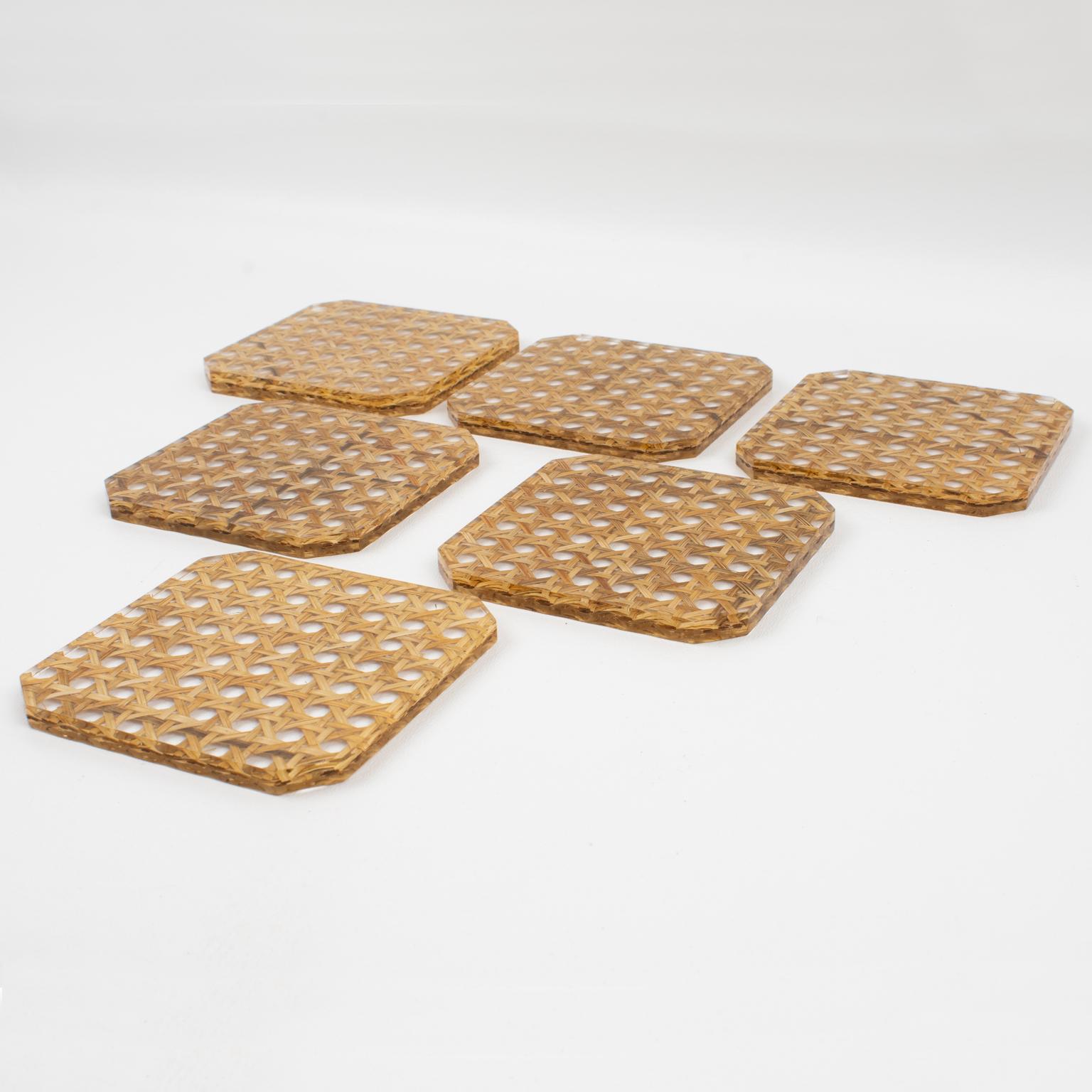 Modern Christian Dior Lucite and Rattan Barware Coaster, 6 pieces