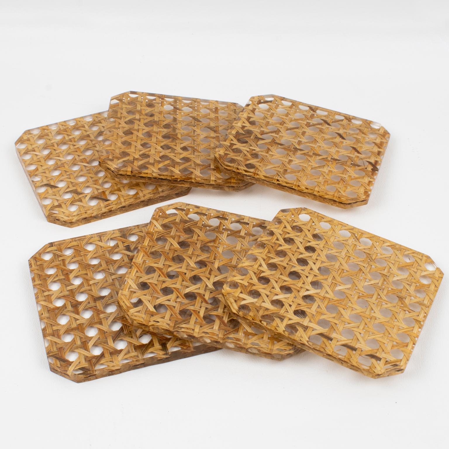 French Christian Dior Lucite and Rattan Barware Coaster, 6 pieces