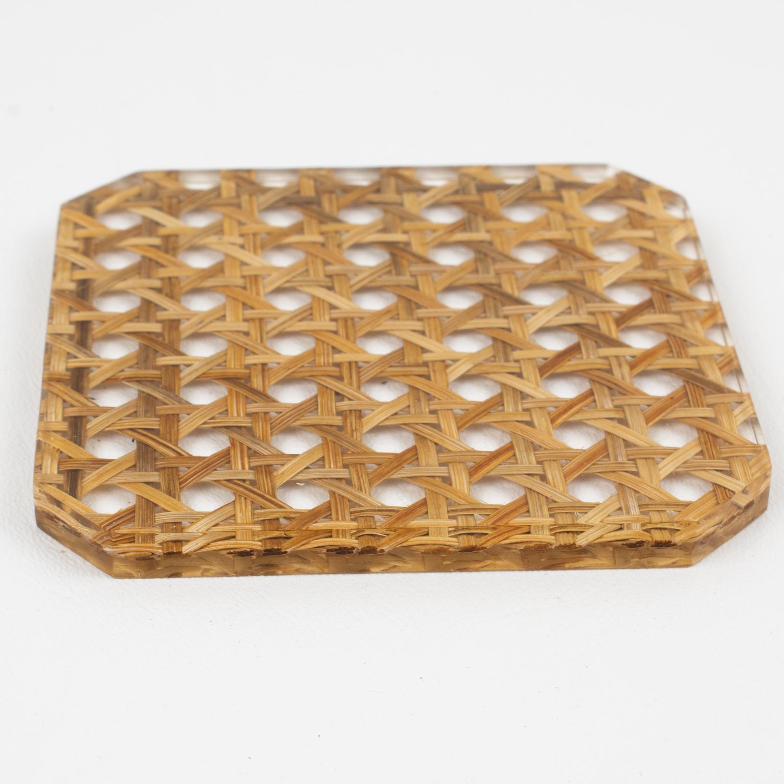 Late 20th Century Christian Dior Lucite and Rattan Barware Coaster, 6 pieces