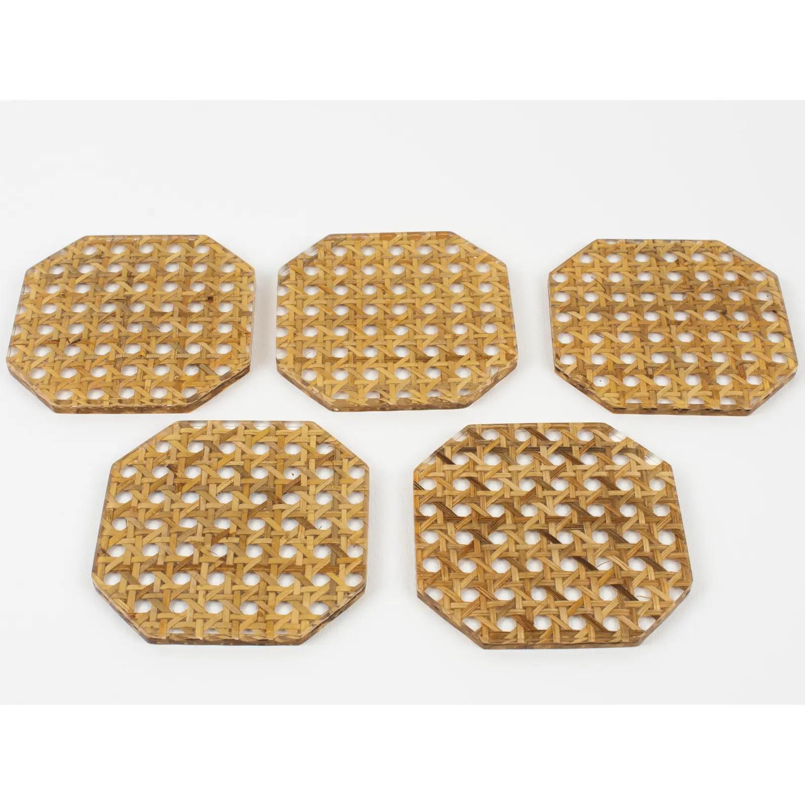 Modern Christian Dior Lucite and Rattan Barware Coasters, set of 5 pieces For Sale
