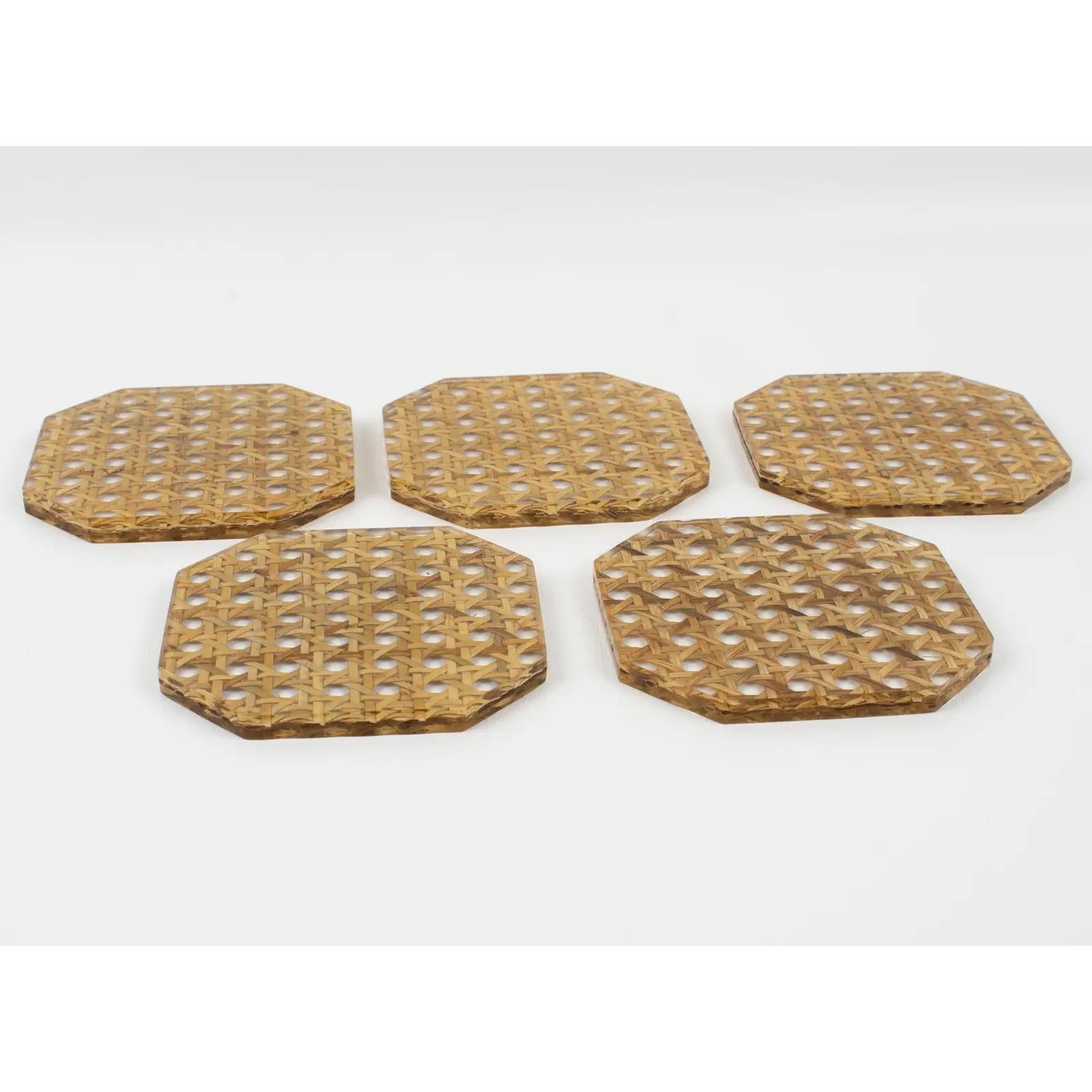 French Christian Dior Lucite and Rattan Barware Coasters, set of 5 pieces For Sale
