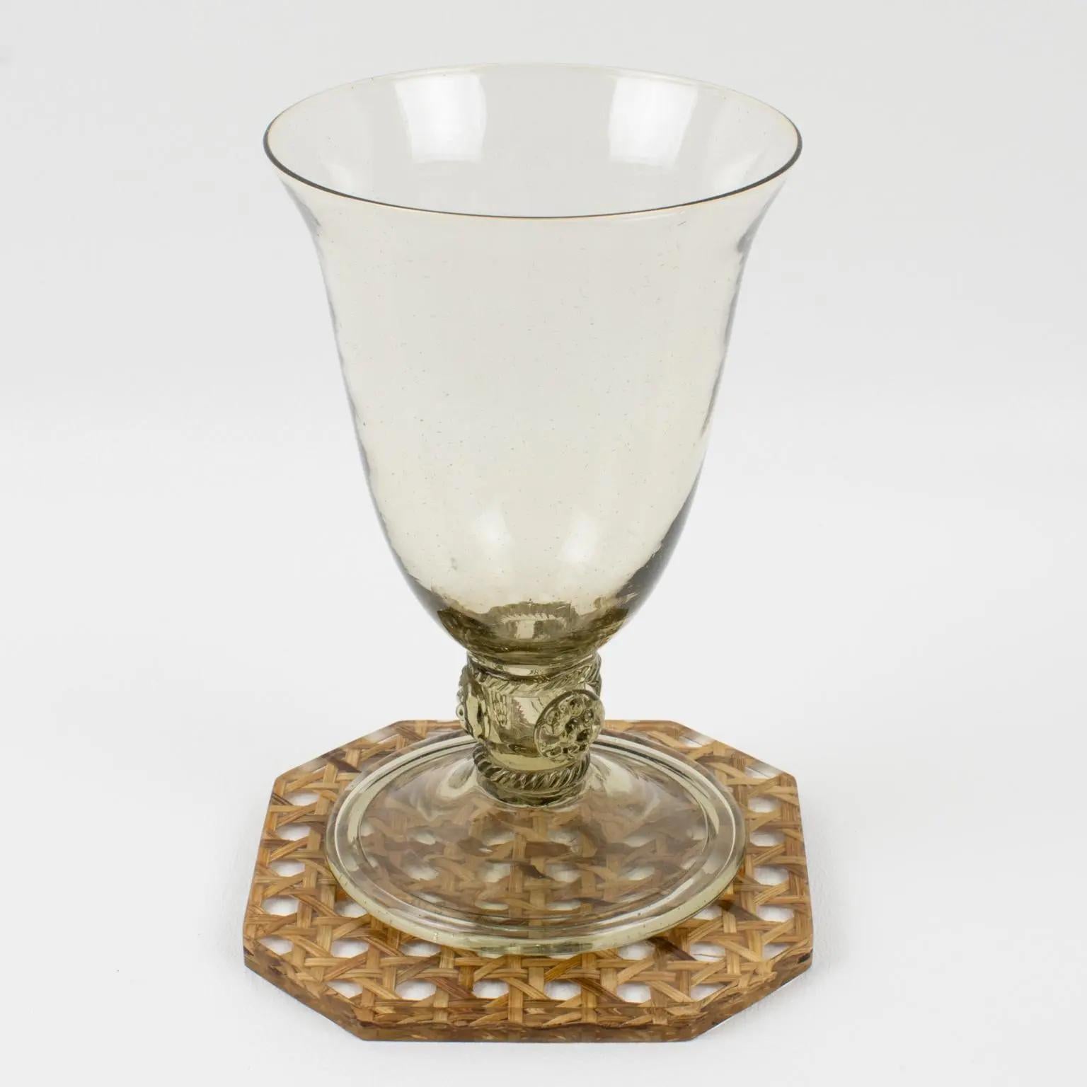 Late 20th Century Christian Dior Lucite and Rattan Barware Coasters, set of 5 pieces For Sale