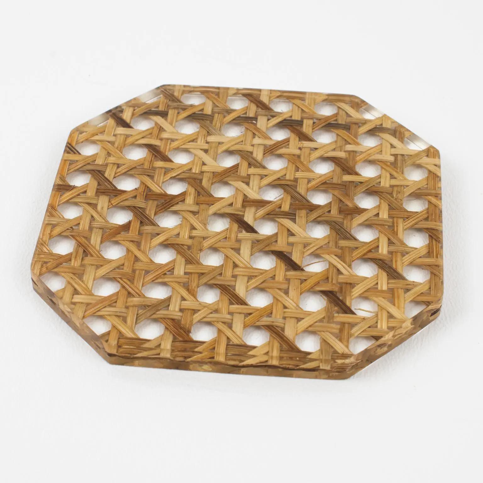 Wicker Christian Dior Lucite and Rattan Barware Coasters, set of 5 pieces For Sale