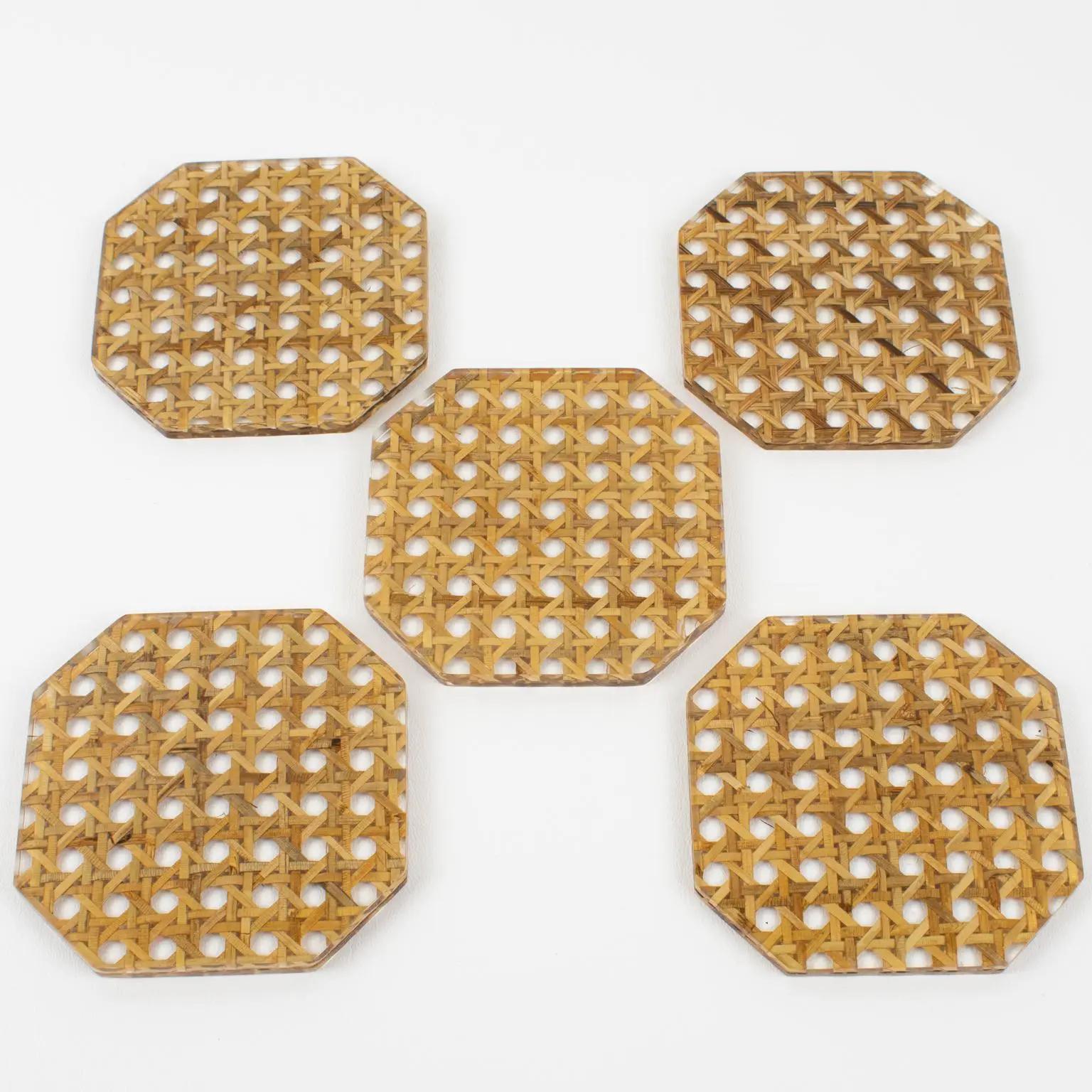 Christian Dior Lucite and Rattan Barware Coasters, set of 5 pieces For Sale 2