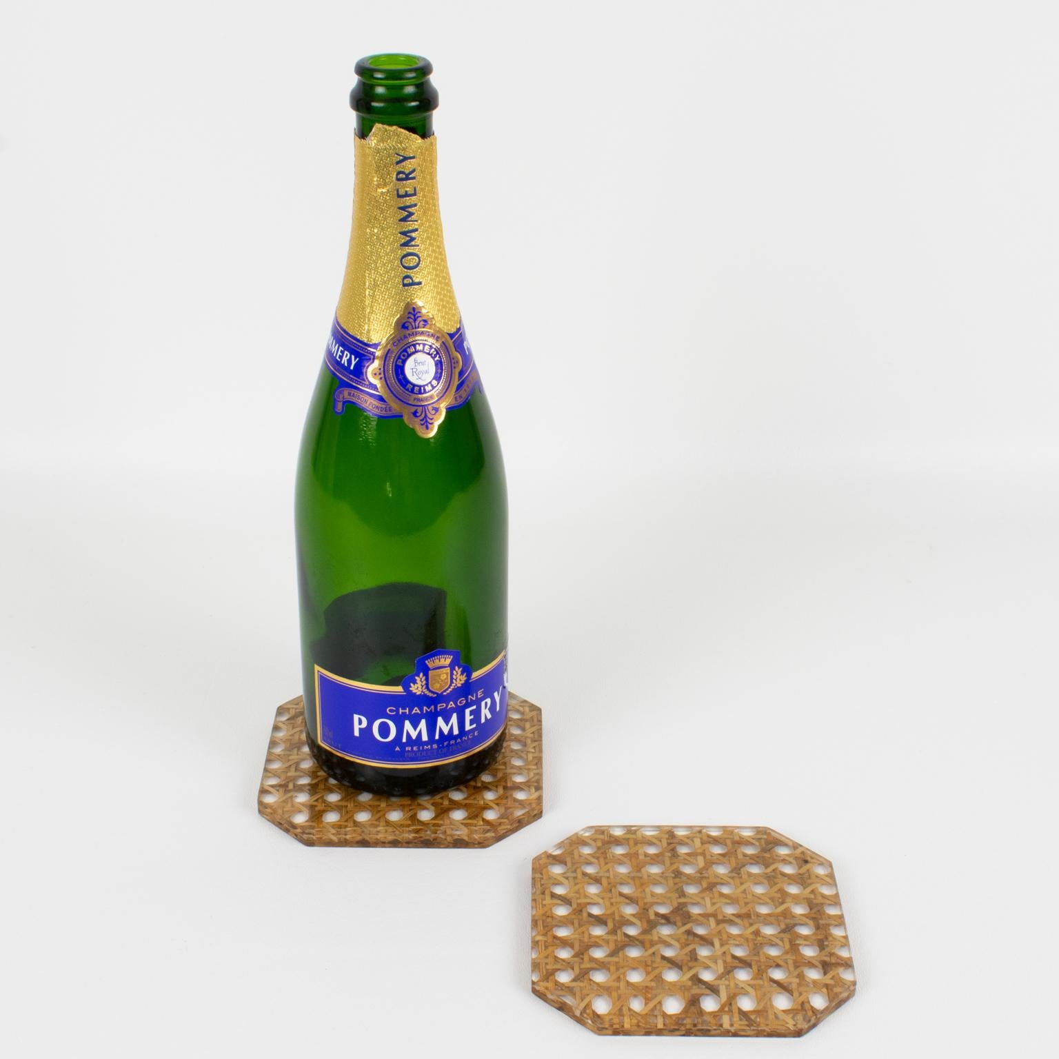 Late 20th Century Christian Dior Lucite and Rattan Barware Wine Coasters Set For Sale