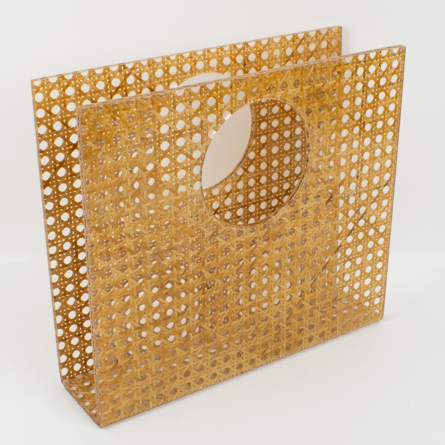 Modern Christian Dior Lucite and Rattan Magazine Rack Holder