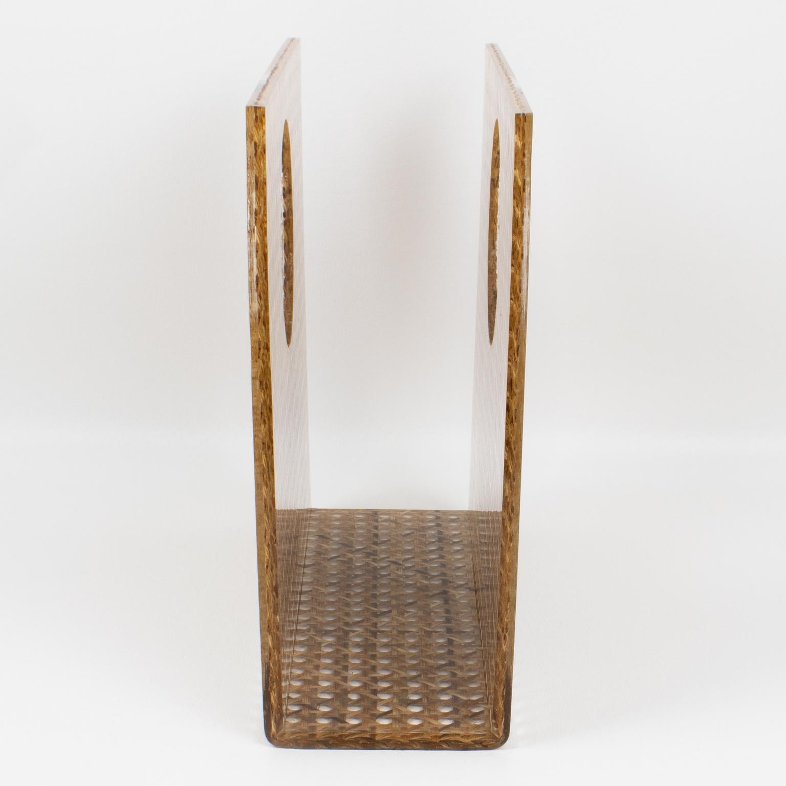French Christian Dior Lucite and Rattan Magazine Rack Holder For Sale