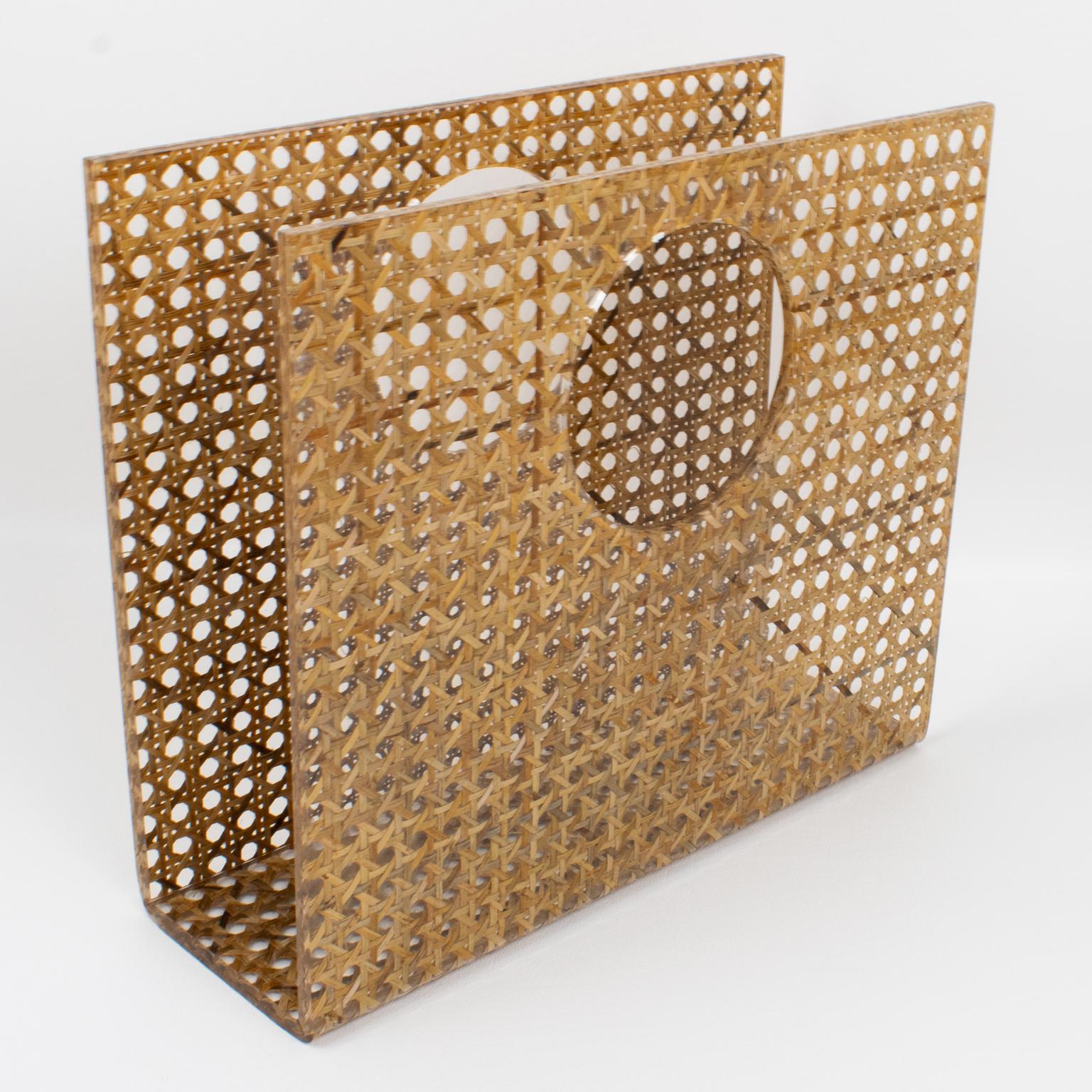 Christian Dior Lucite and Rattan Magazine Rack Holder In Excellent Condition For Sale In Atlanta, GA
