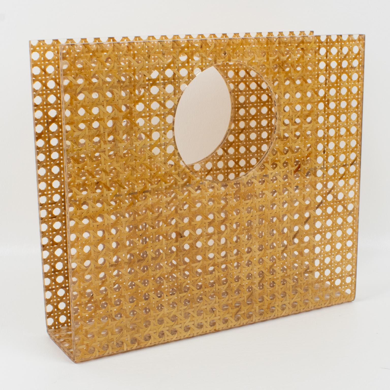 Acrylic Christian Dior Lucite and Rattan Magazine Rack Holder