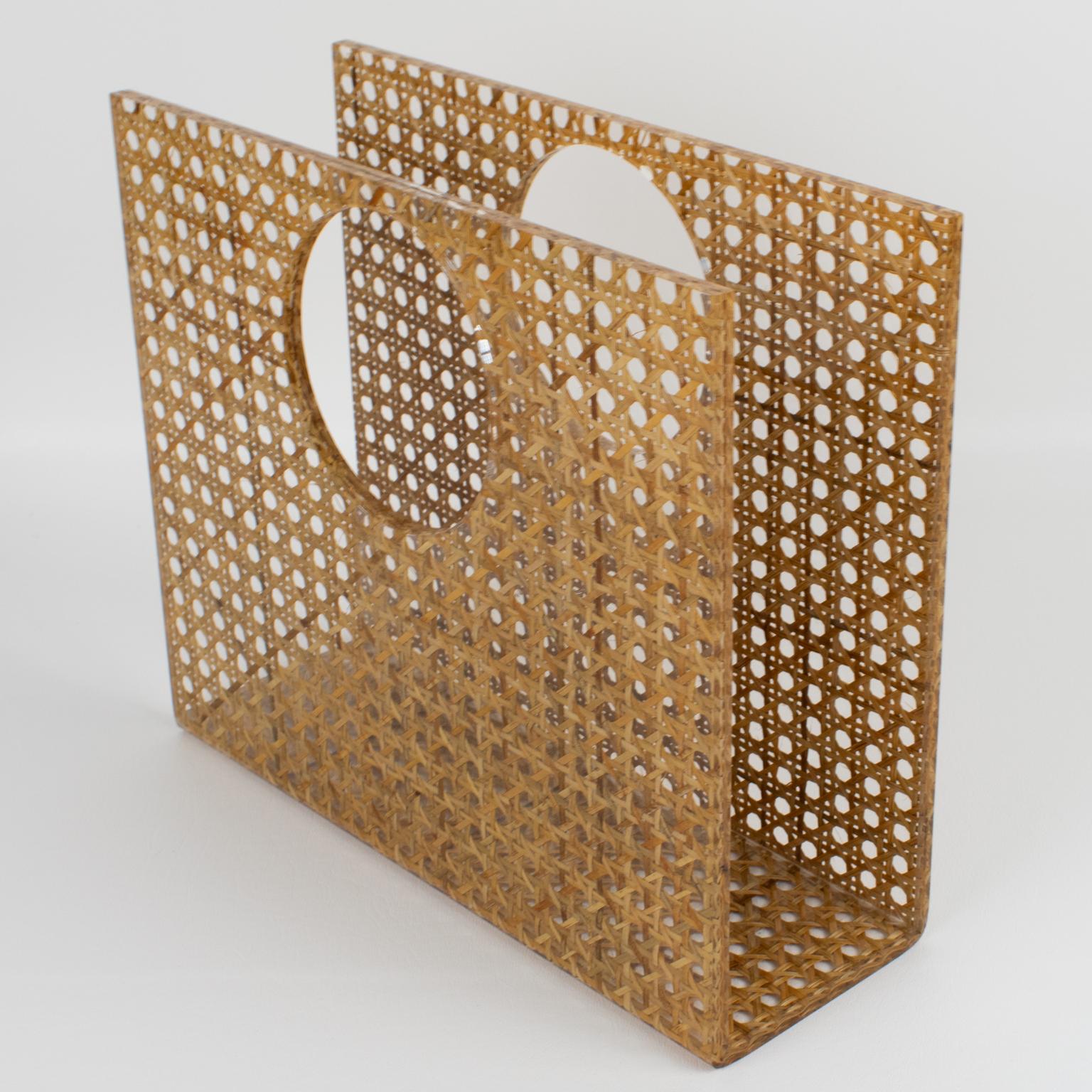 Wicker Christian Dior Lucite and Rattan Magazine Rack Holder