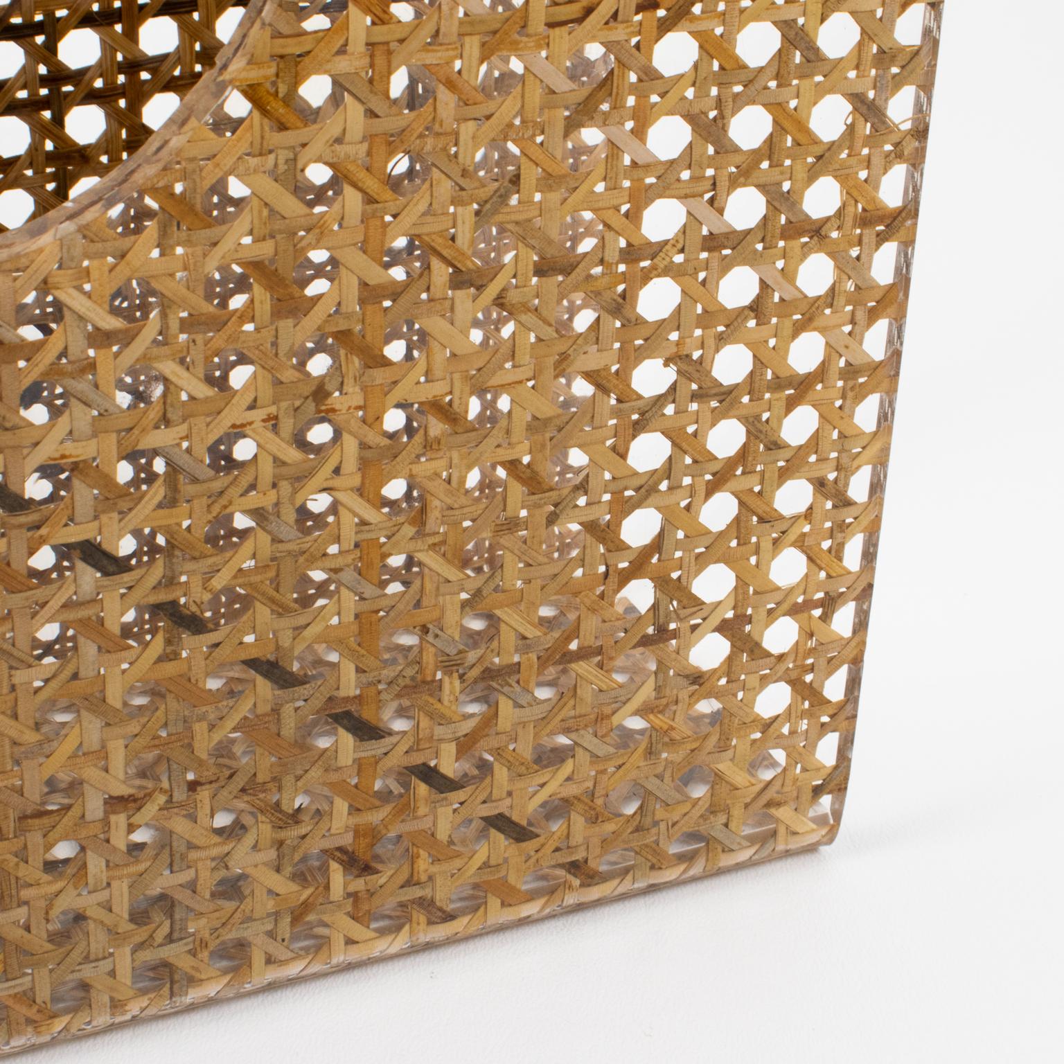 Wicker Christian Dior Lucite and Rattan Magazine Rack Holder For Sale