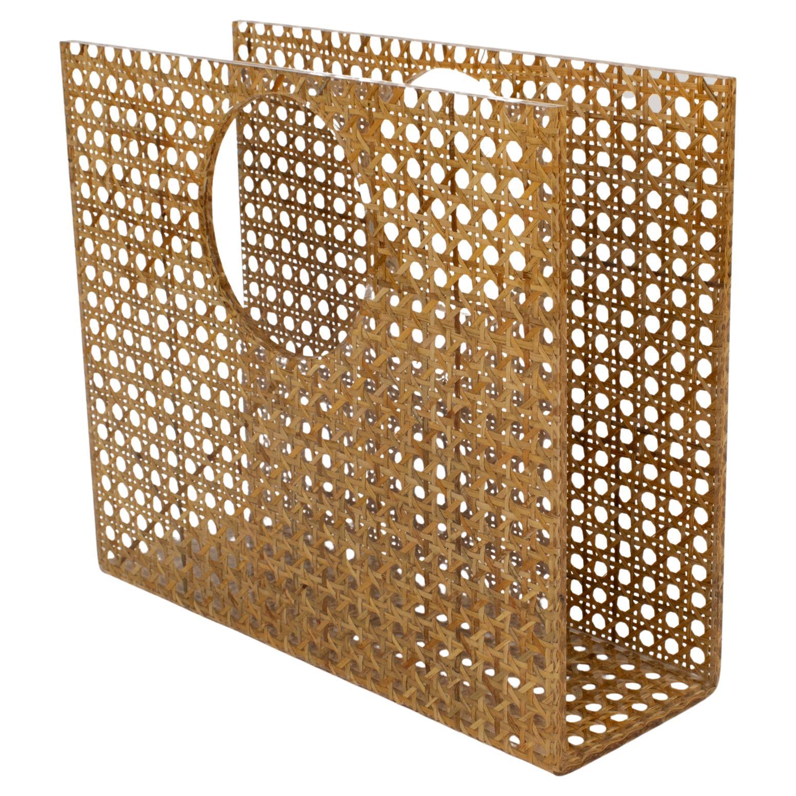 Christian Dior Lucite and Rattan Magazine Rack Holder