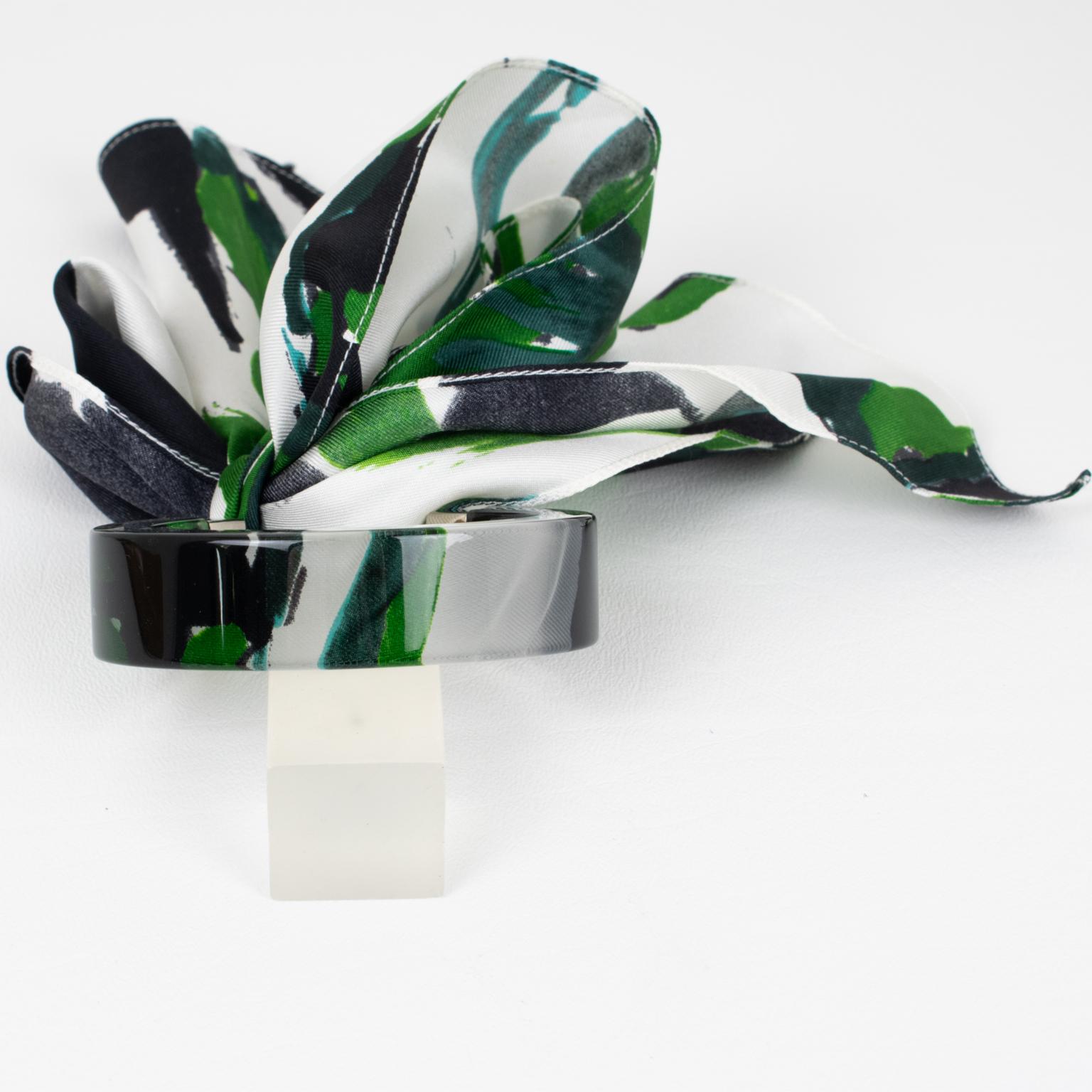 Christian Dior Lucite Cuff Bracelet Bangle with Green, Black, White Silk Scarf For Sale 5