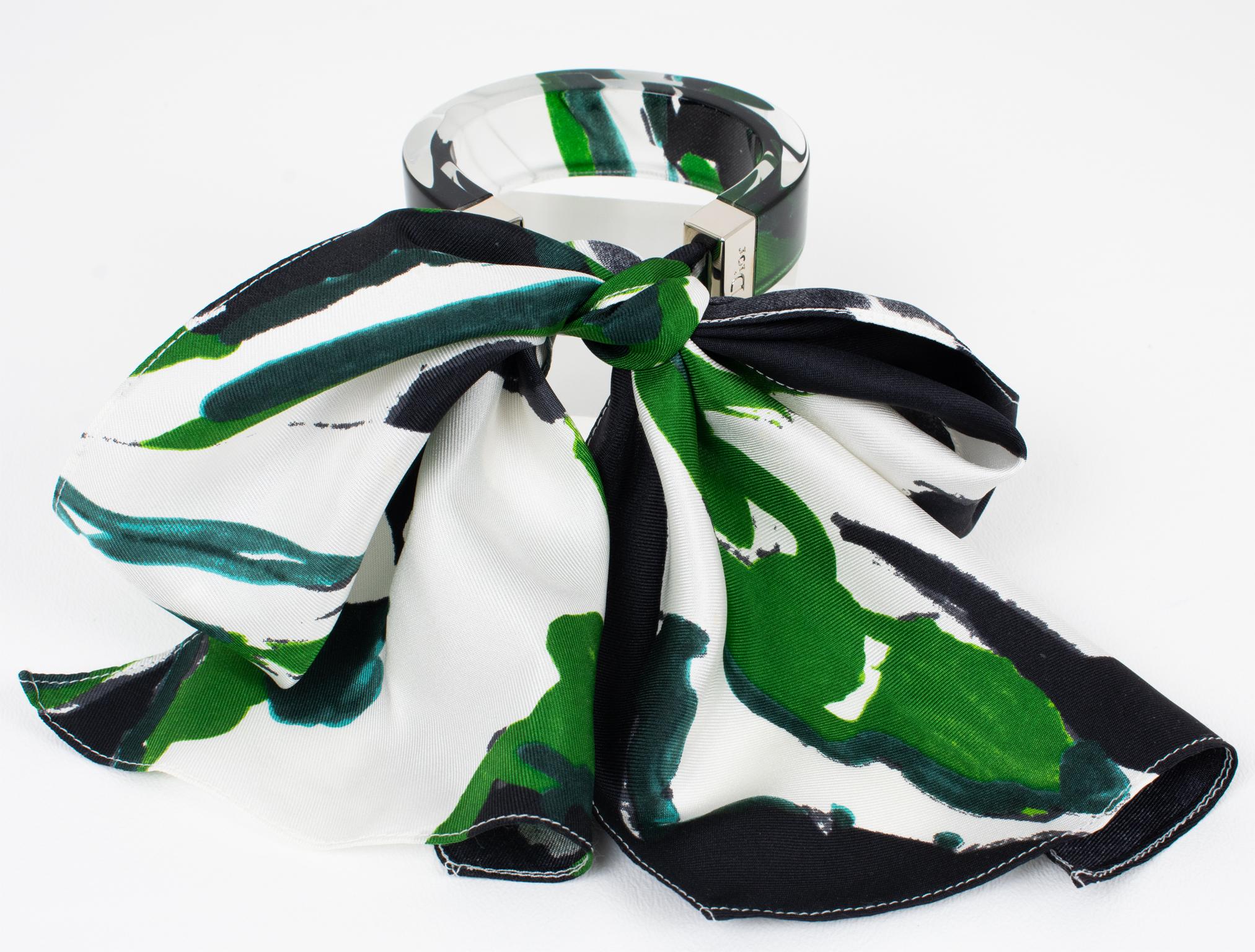 Christian Dior Lucite Cuff Bracelet Bangle with Green, Black, White Silk Scarf In Excellent Condition For Sale In Atlanta, GA
