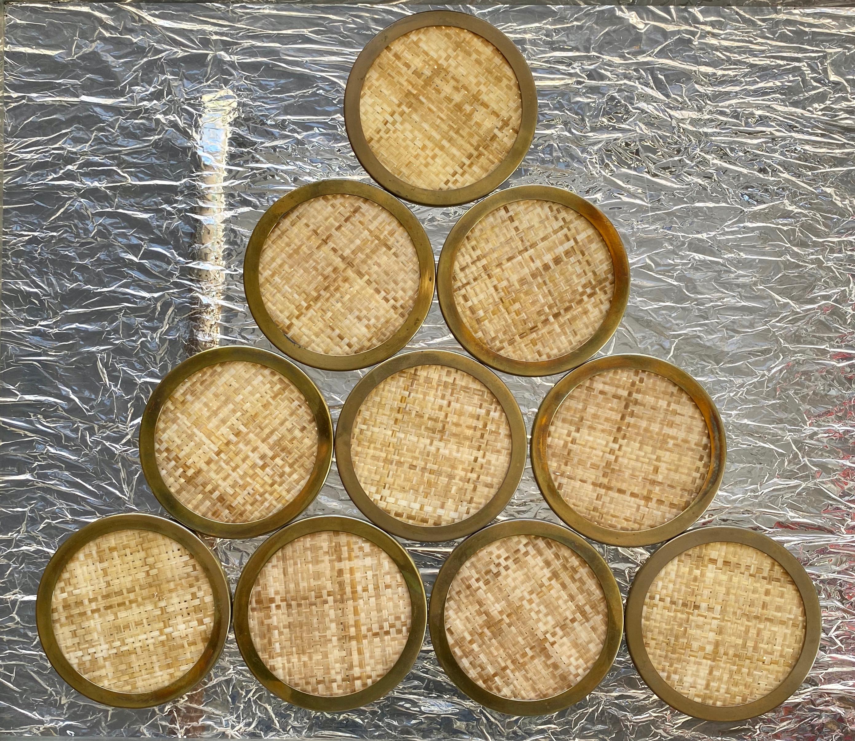 French Christian Dior Lucite Wicker Brass Barware Coaster, 16 Pieces, 1970s, France