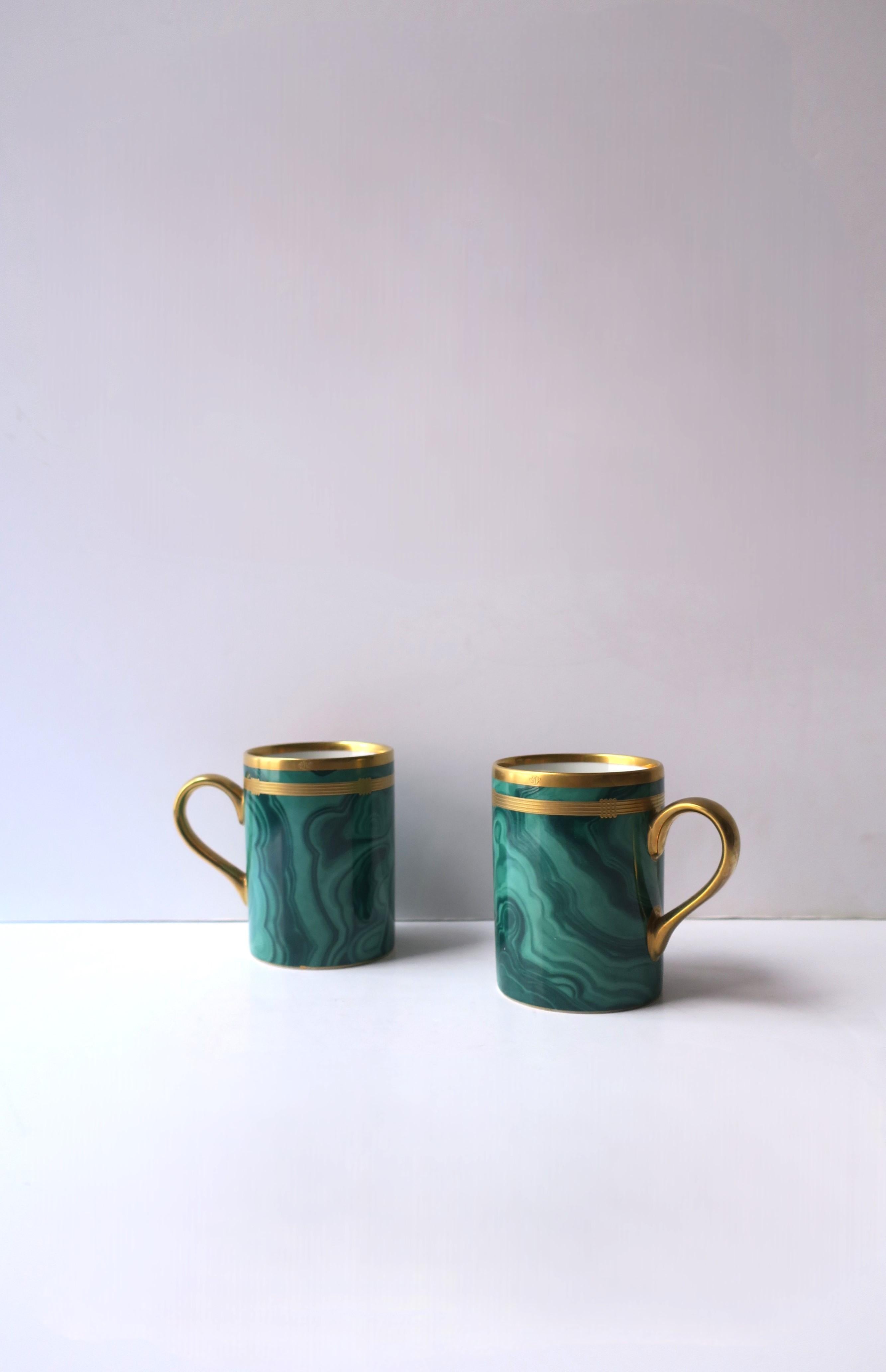 Japanese Christian Dior Malachite Porcelain Coffee Tea Cups, Pair