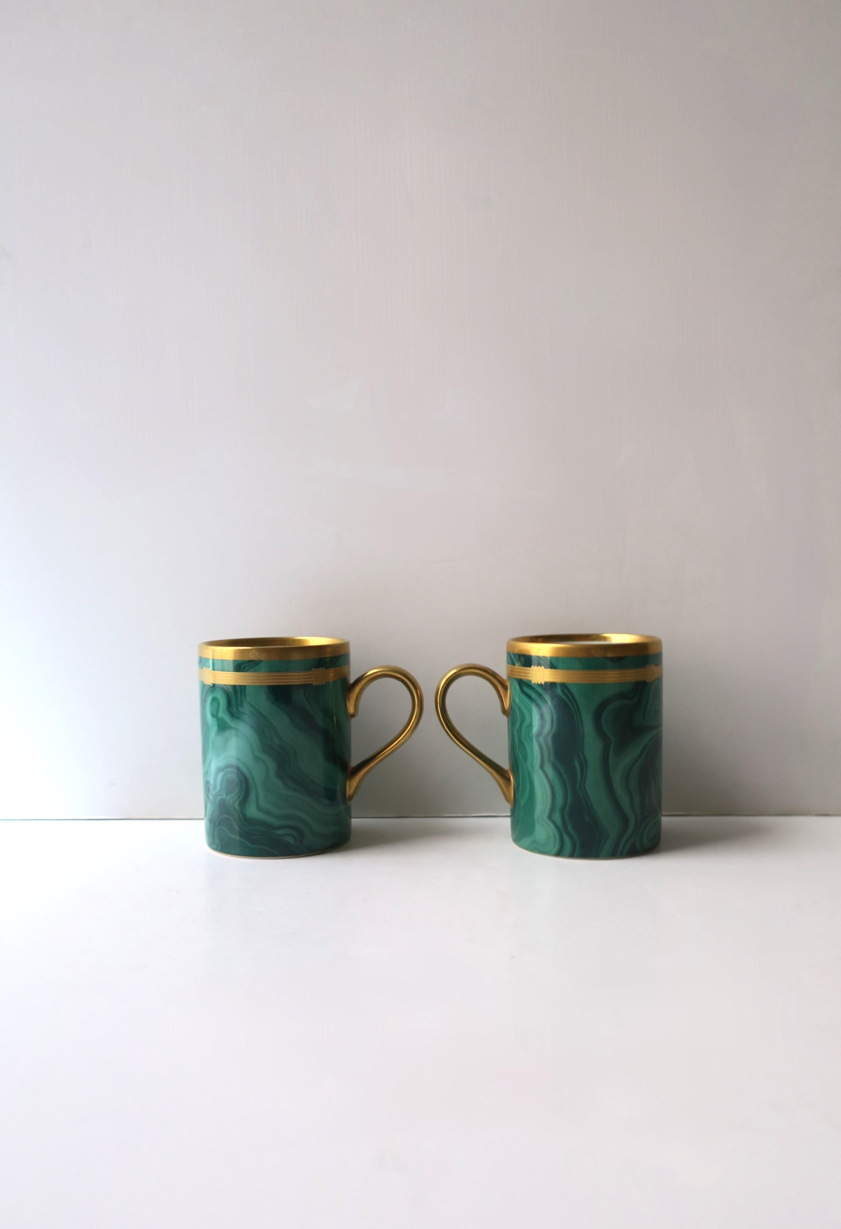 Gilt Christian Dior Malachite Porcelain Coffee Tea Cups, Pair