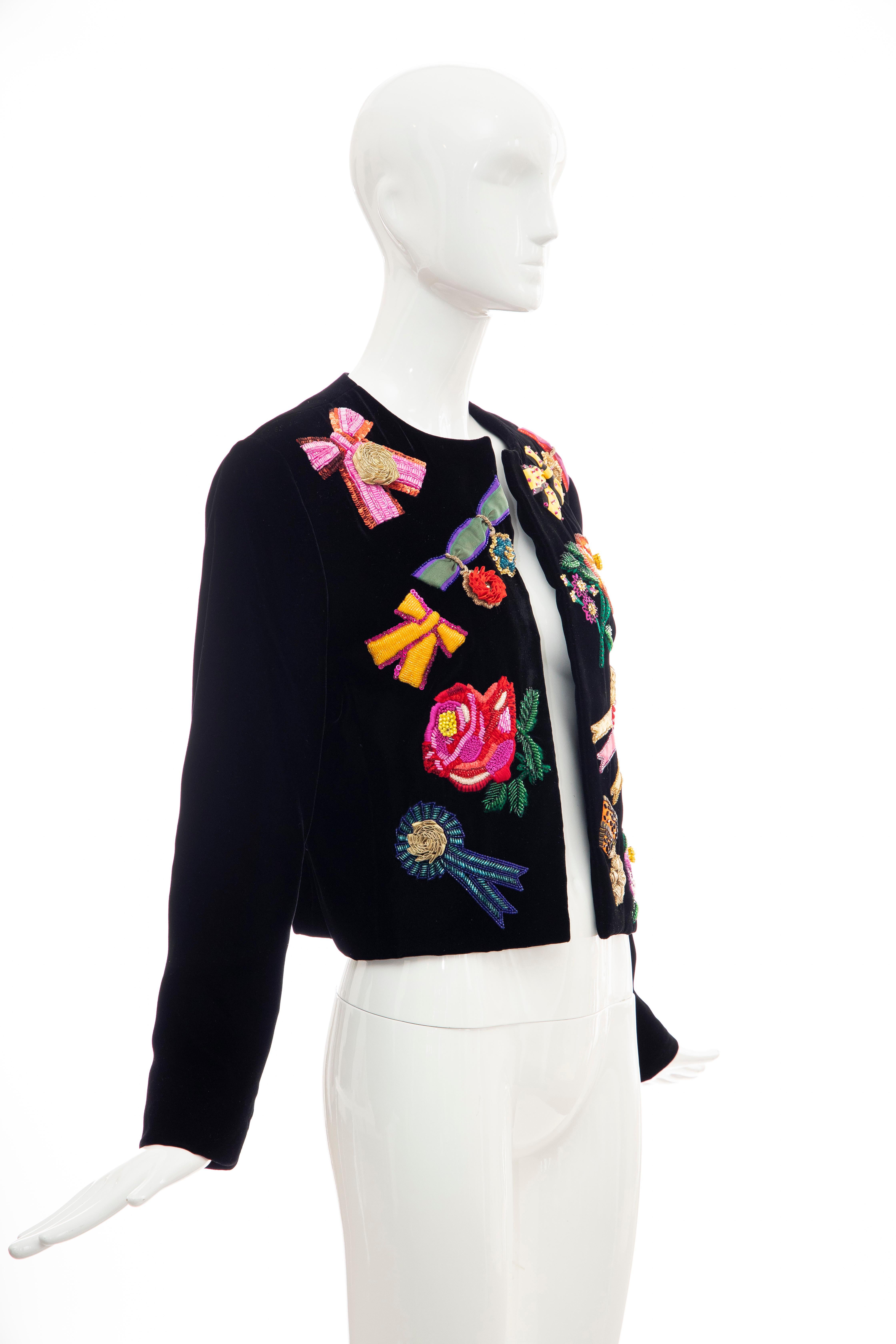 Women's Christian Dior Marc Bohan Black Velvet Beaded Ribbon Embroidery Jacket, Fall 1988