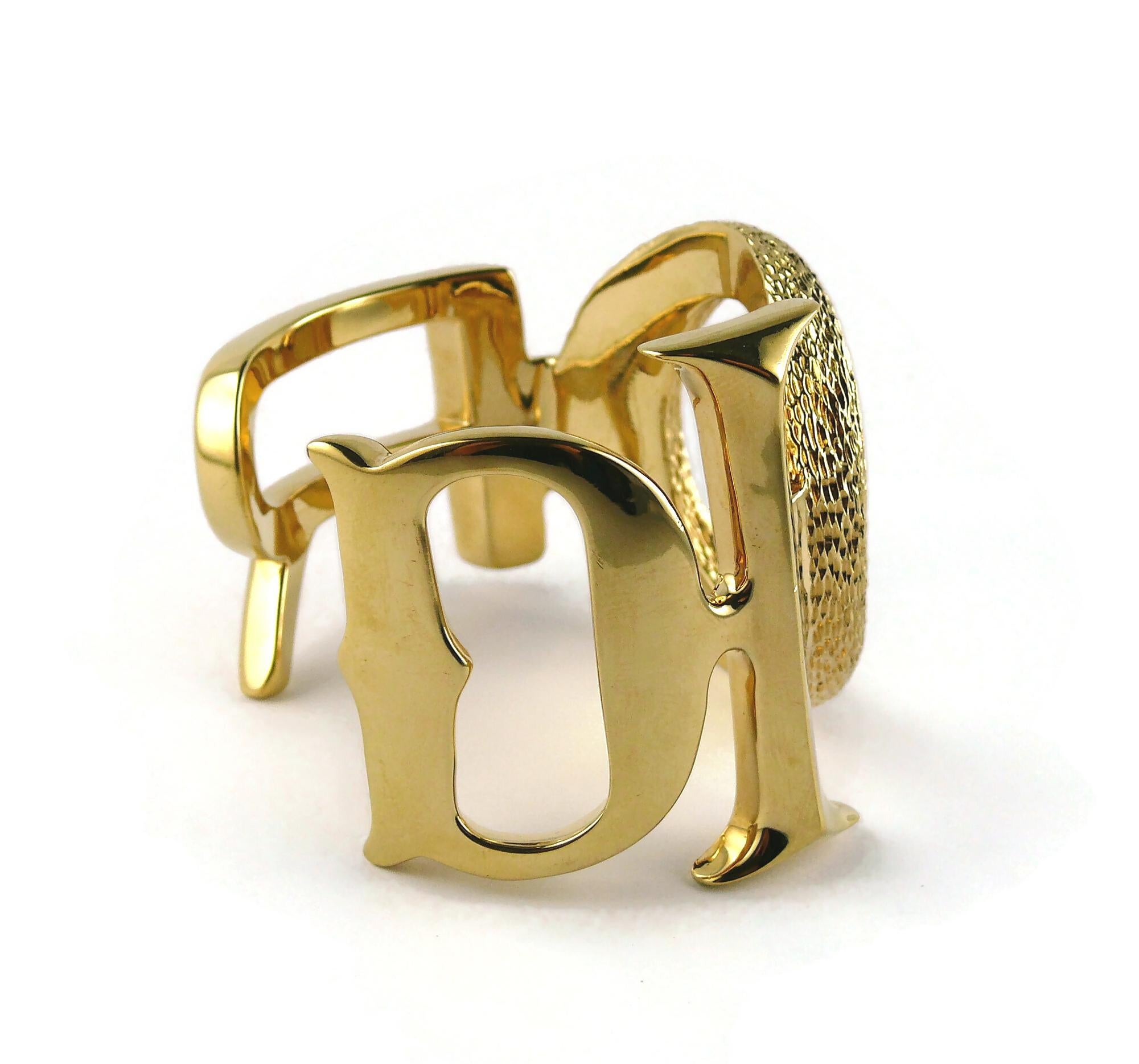 Women's Christian Dior Massive Gold Toned Logo Cuff Bracelet Size M For Sale