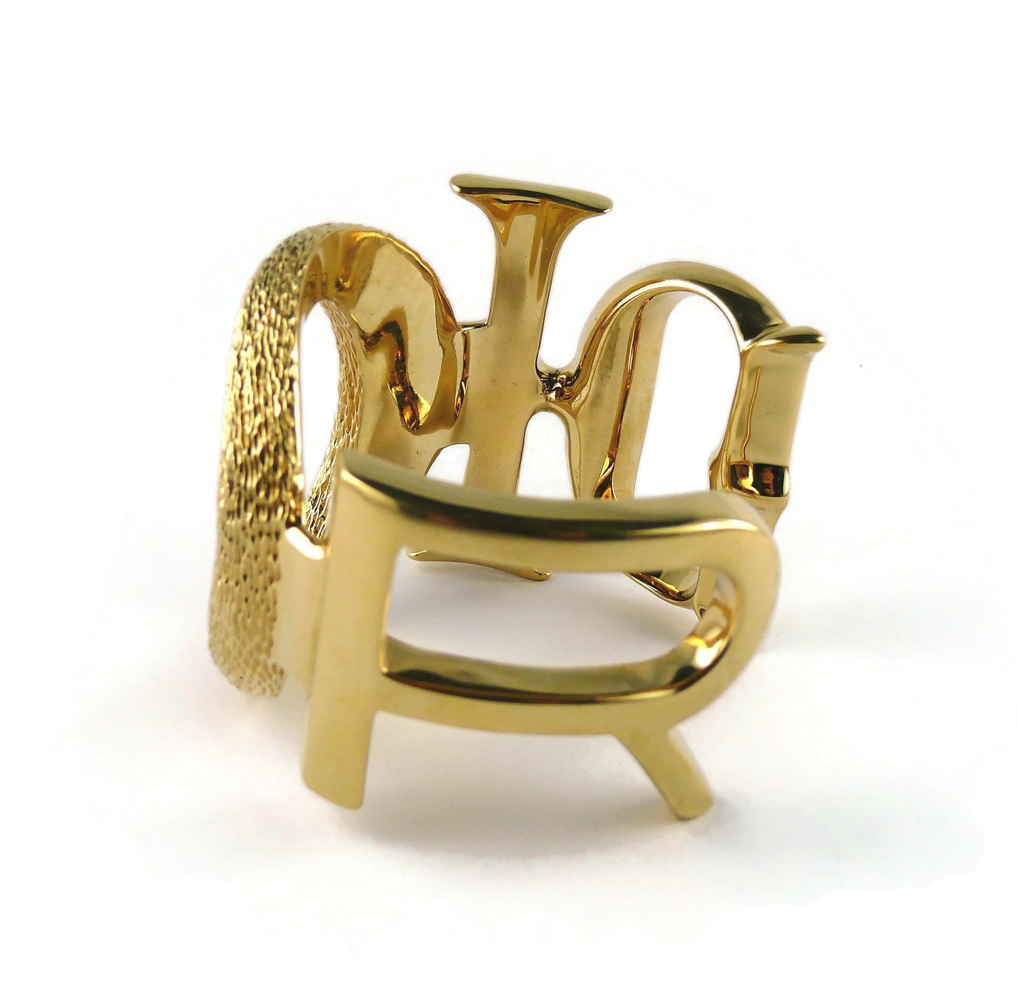 Christian Dior Massive Gold Toned Logo Cuff Bracelet Size M For Sale 1