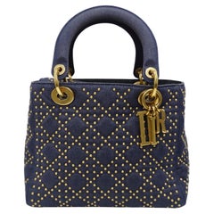 Christian Dior Medium Blue Denim Studded Lady Dior Handbag